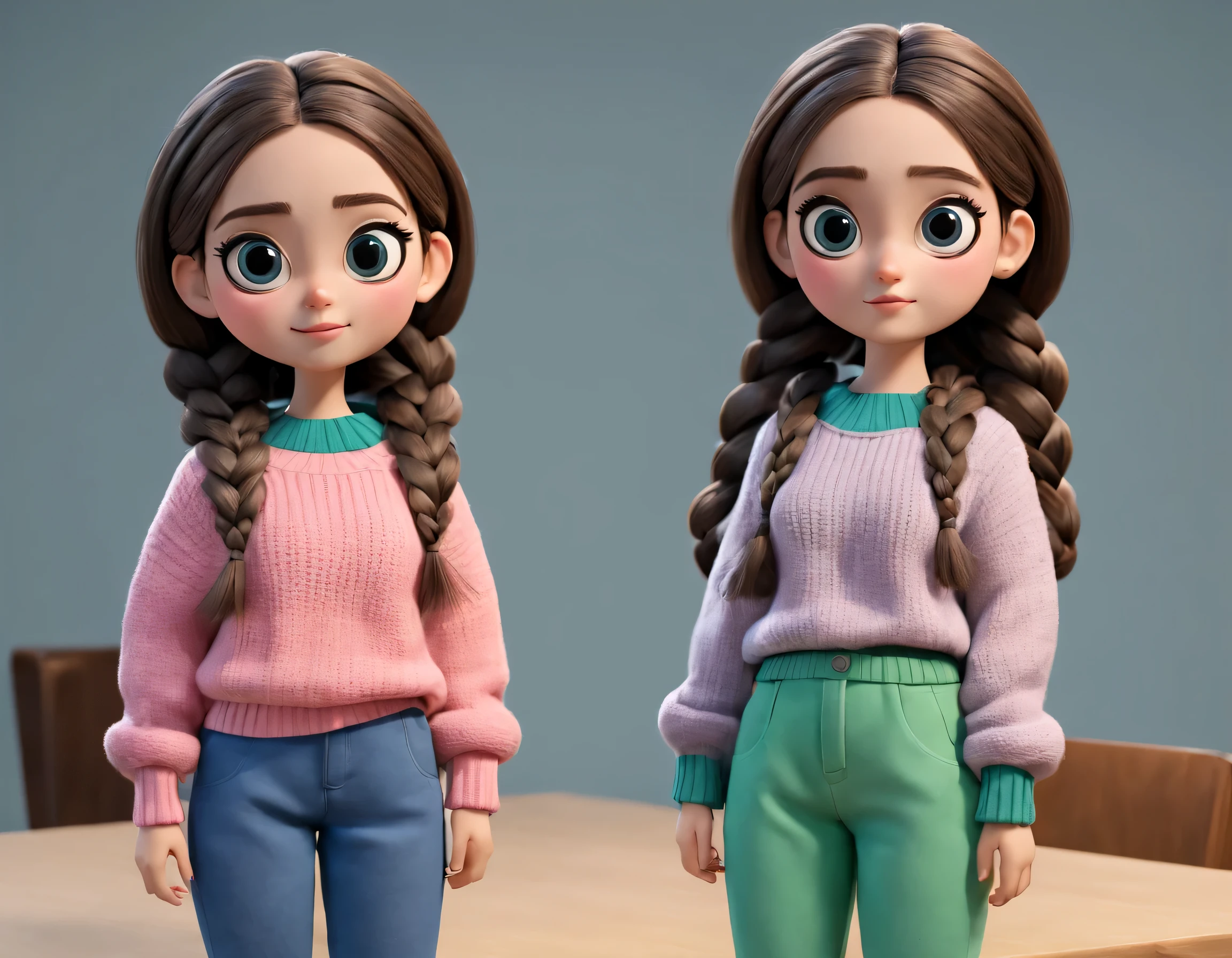 Character design sheet, whole body, front, (same cartoon girl wearing different colored clothing design), pretty face, big eyes, White double braids, blue sweater, green sweater, pink sweater, gray baggy pants, role conception, Unreal Engine, Pixar style, cartoon, 3d rendering, yarn, puppet, detailed role conception, best quality, Ultra-detailed, 8k,