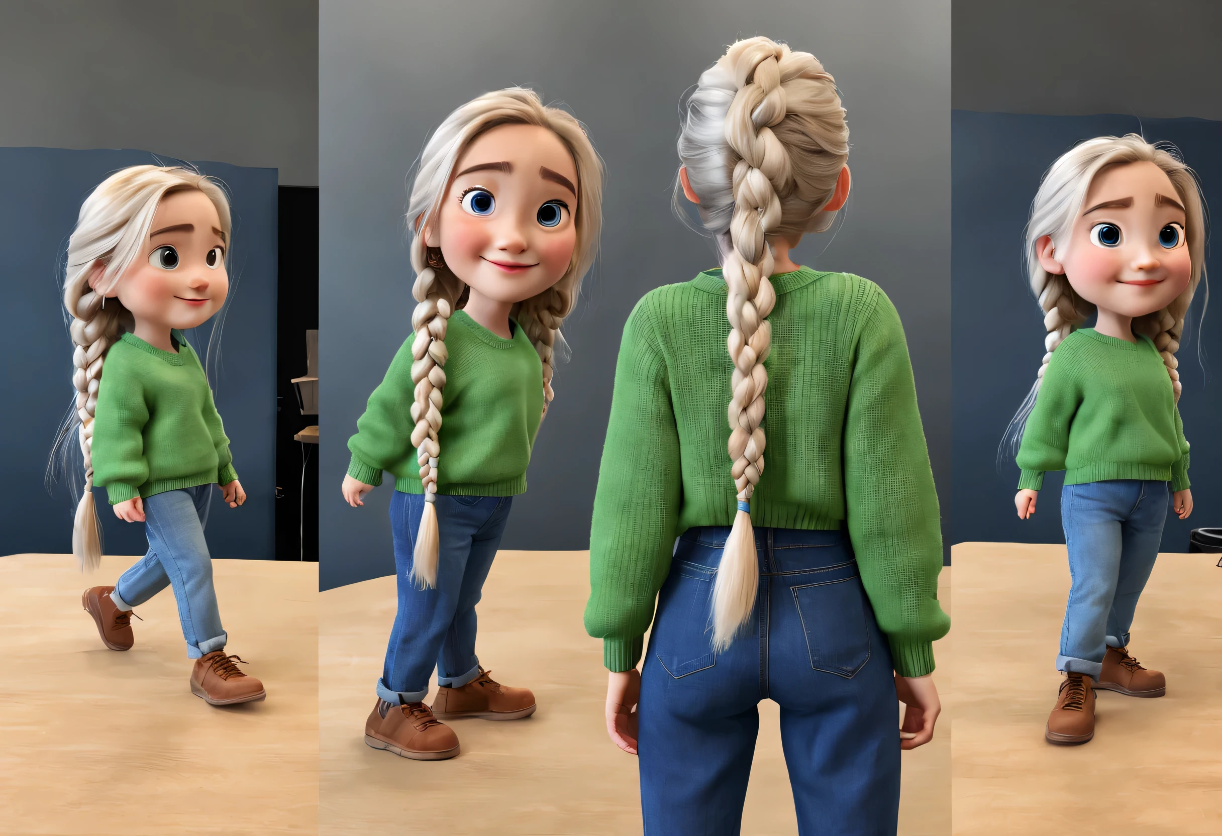 Character design sheet, Three views of cartoon characters, Generate three views, Front view, side view, and Rear view, Maintain consistency and uniformity, whole body, Front view, side view, Rear view, Jiaai cartoon girl, pretty face, long white hair, double braids, blue sweater, green sweater, pink sweater, gray baggy pants, role conception, Unreal Engine, Pixar style, role conception, detailed role conception, best quality, Super details, 8k,