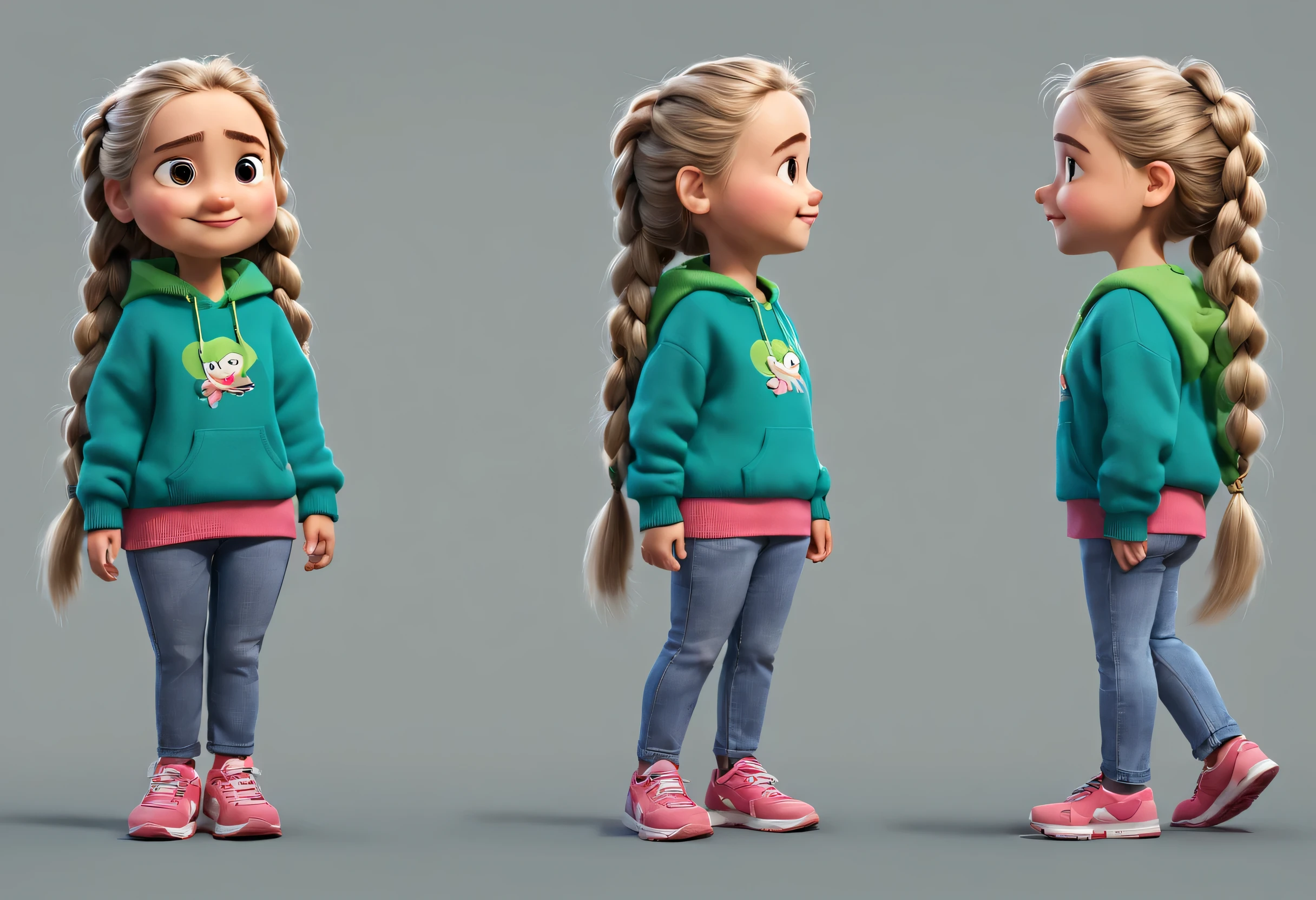 Character design sheet, Three views of cartoon characters, Generate three views, Front view, side view, and Rear view, Maintain consistency and uniformity, whole body, Front view, side view, Rear view, Jiaai cartoon girl, pretty face, long white hair, double braids, blue sweater, green sweater, pink sweater, gray baggy pants, role conception, Unreal Engine, Pixar style, role conception, detailed role conception, best quality, Super details, 8k,