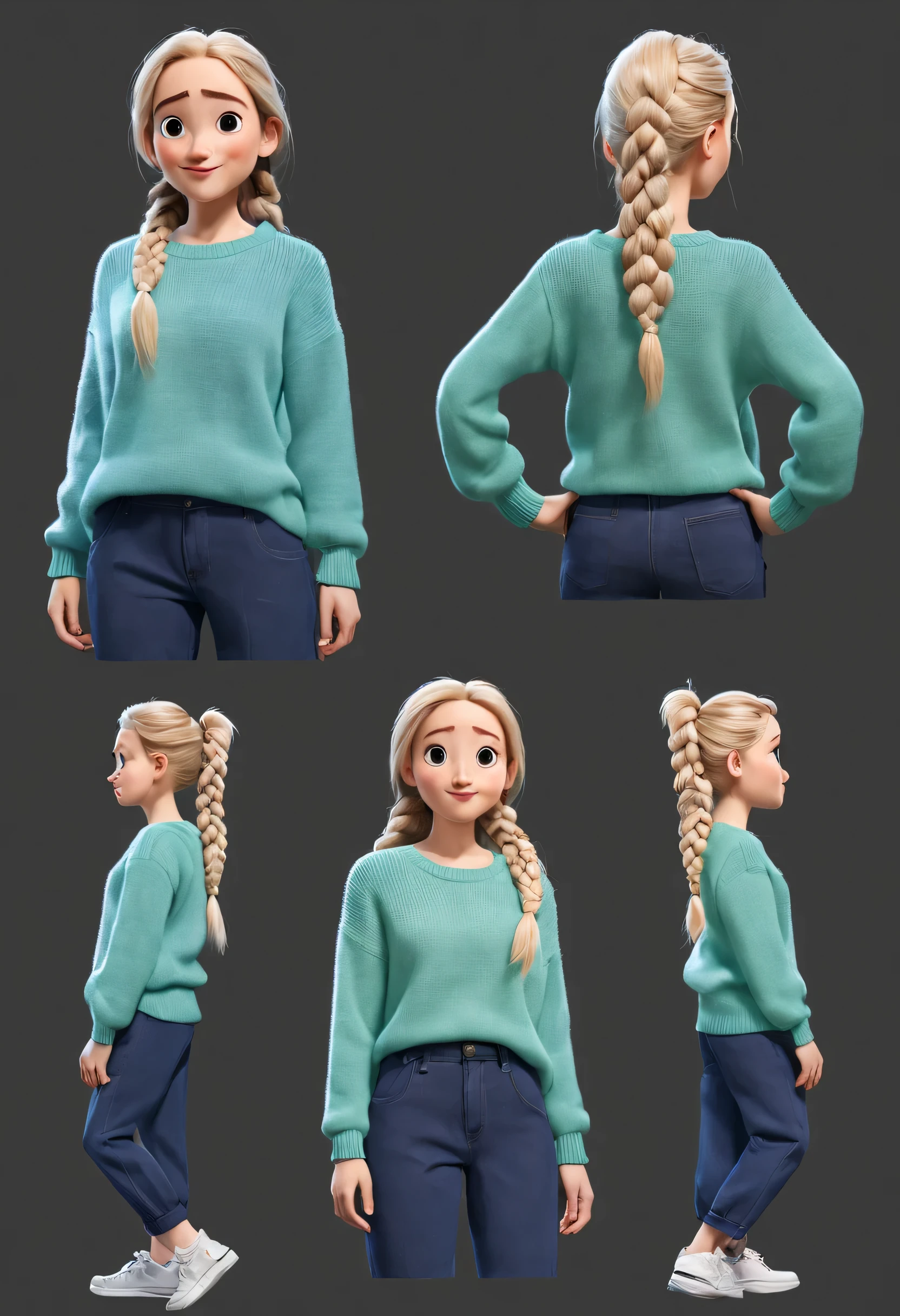 Character design sheet, Three views of cartoon characters, Generate three views, Front view, side view, and Rear view, Maintain consistency and uniformity, whole body, Front view, side view, Rear view, Jiaai cartoon girl, pretty face, long white hair, double braids, blue sweater, green sweater, pink sweater, gray baggy pants, role conception, Unreal Engine, Pixar style, role conception, detailed role conception, best quality, Super details, 8k,