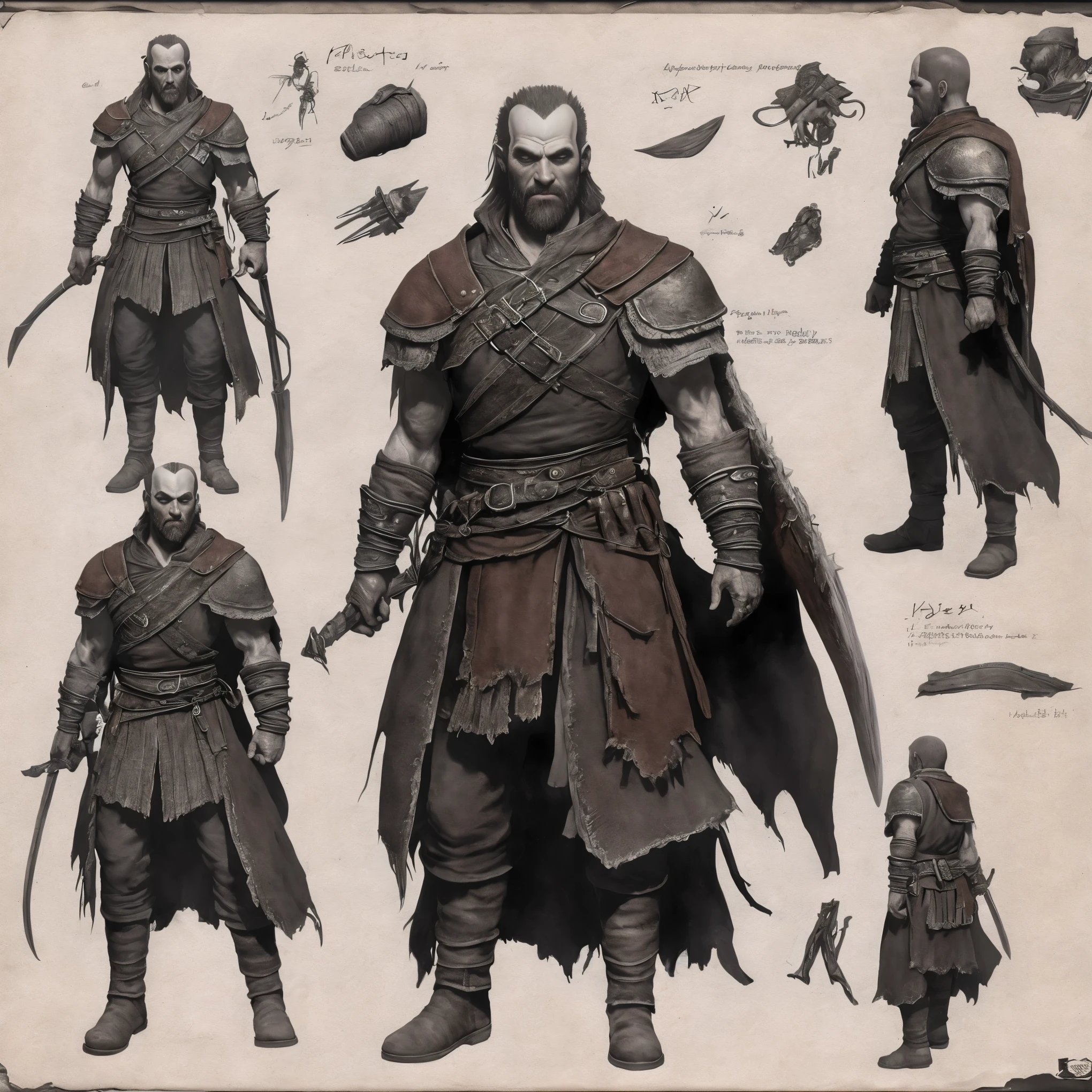 character design sheet, Kratos, God of War, (best quality,highres,ultra-detailed),realistic