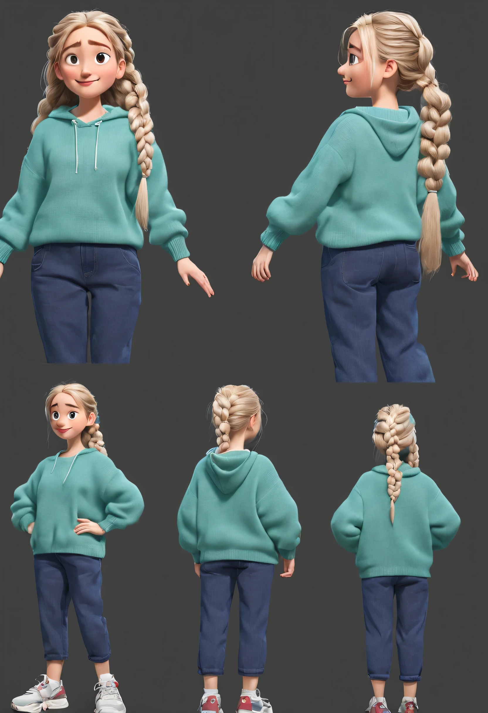 Character design sheet, Three views of cartoon characters, Generate three views, Front view, side view, and Rear view, Maintain consistency and uniformity, whole body, Front view, side view, Rear view, Jiaai cartoon girl, pretty face, long white hair, double braids, blue sweater, green sweater, pink sweater, gray baggy pants, role conception, Unreal Engine, Pixar style, role conception, detailed role conception, best quality, Super details, 8k,