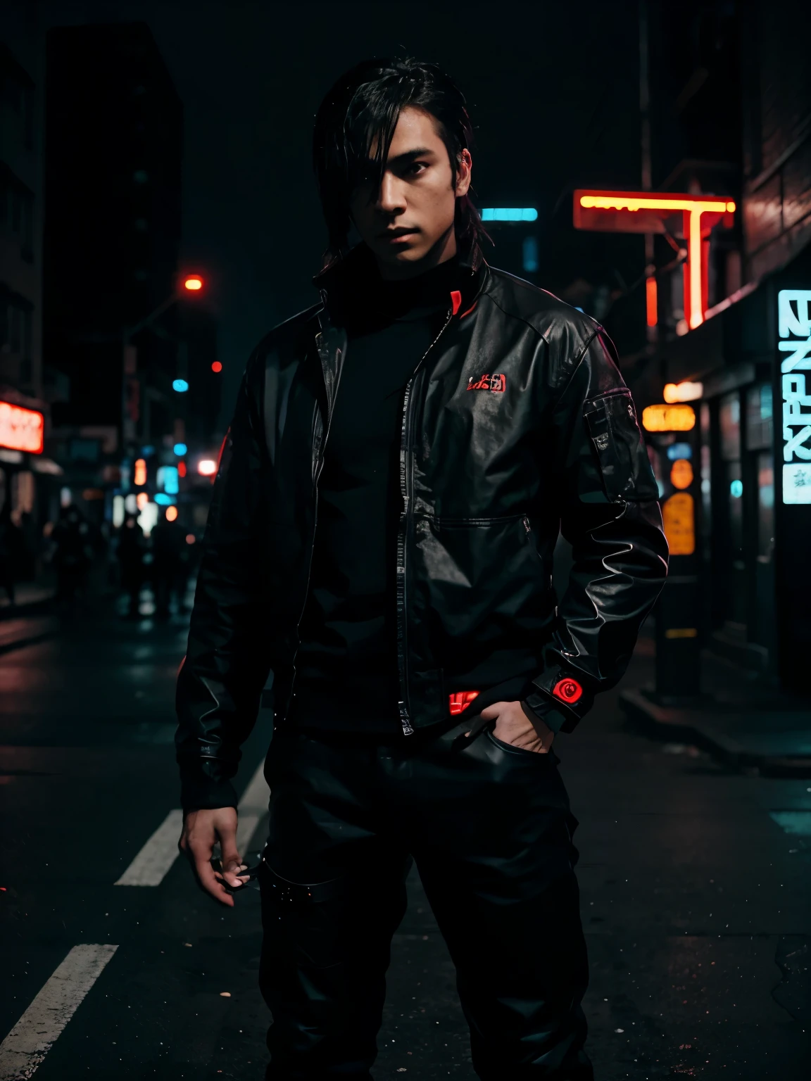 Anime in black theme in which a guy standing infront a cyberpunk city with his sports bike with red neon lights