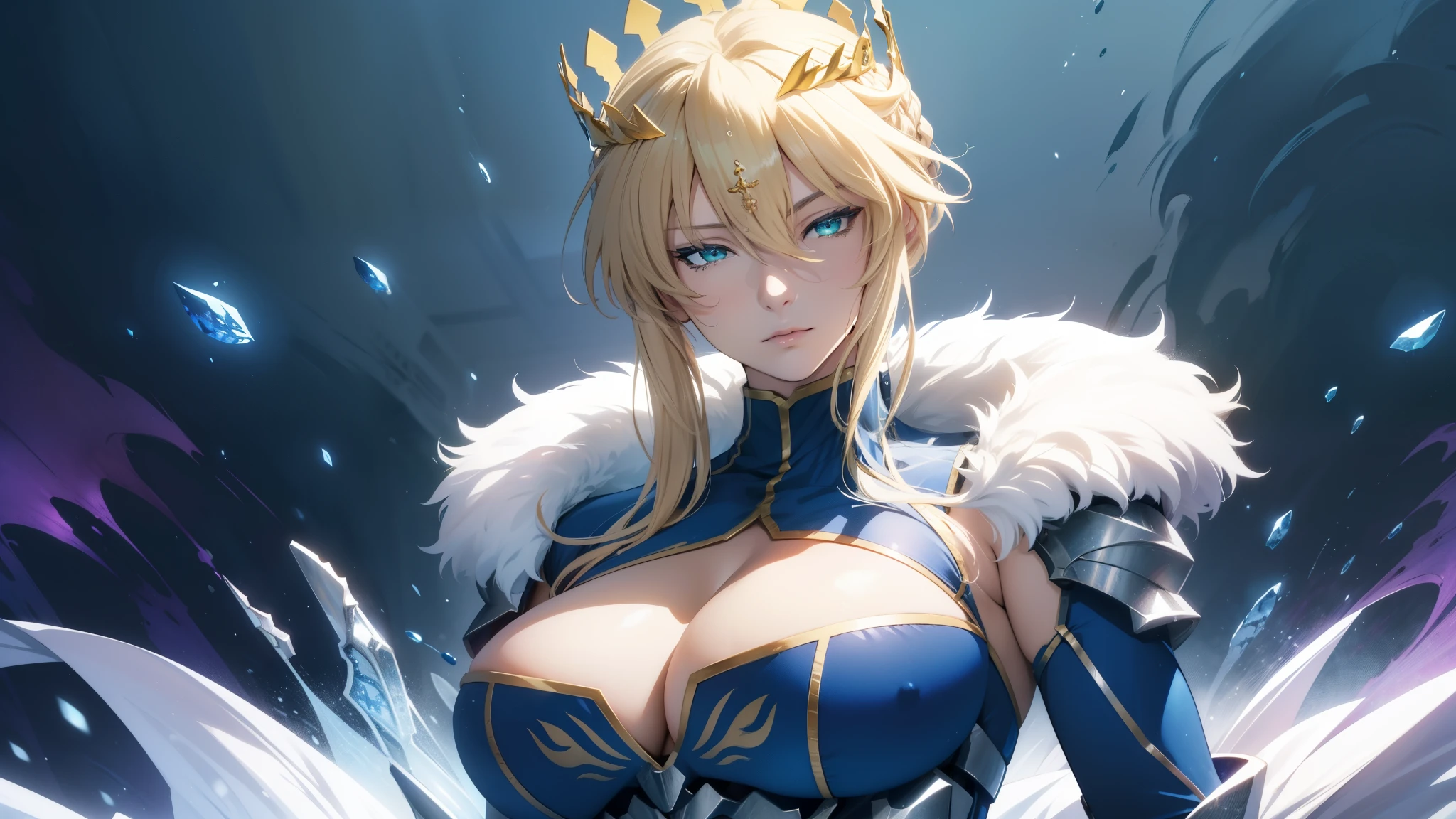 (best quality, highres), wallpaper of Artoria pendragon lancer, adult woman, green eyes, artoriaLancer, braid, crown, turtleneck, cleavage cutout, sleeveless, blue leotard, gauntlets, perfect eyes, detailed eyes, sexy pose