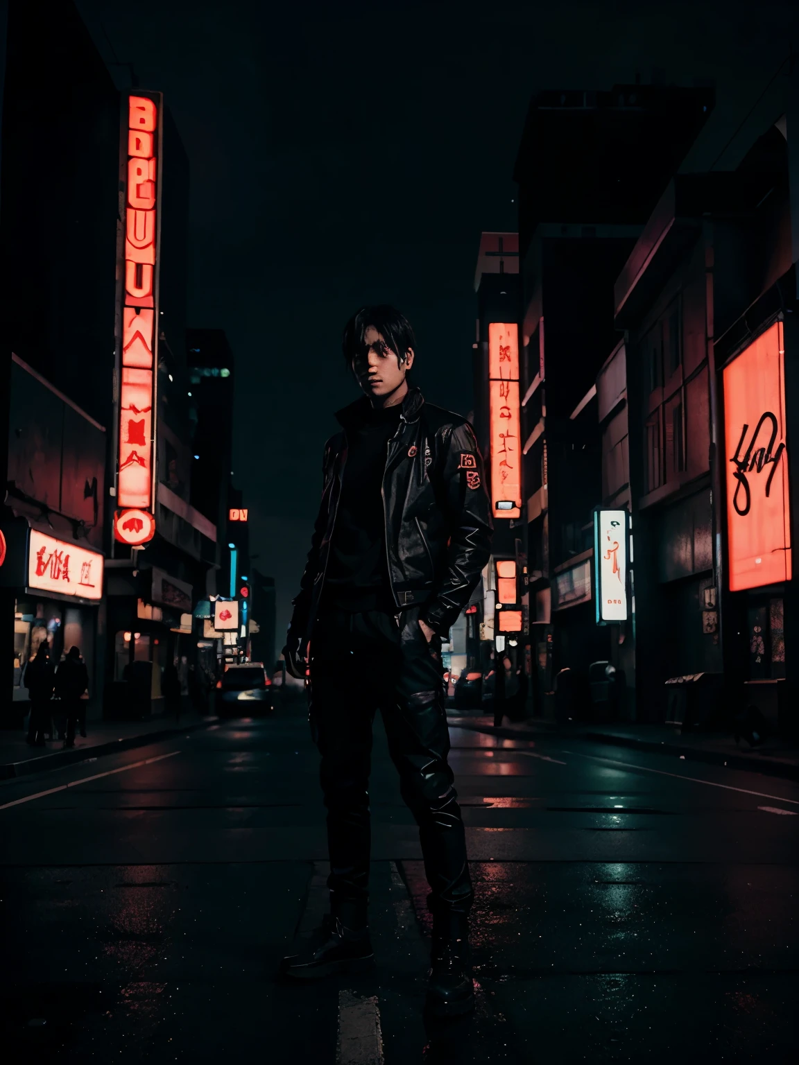 Anime in black theme in which a guy standing infront a cyberpunk city with his sports bike with red neon lights