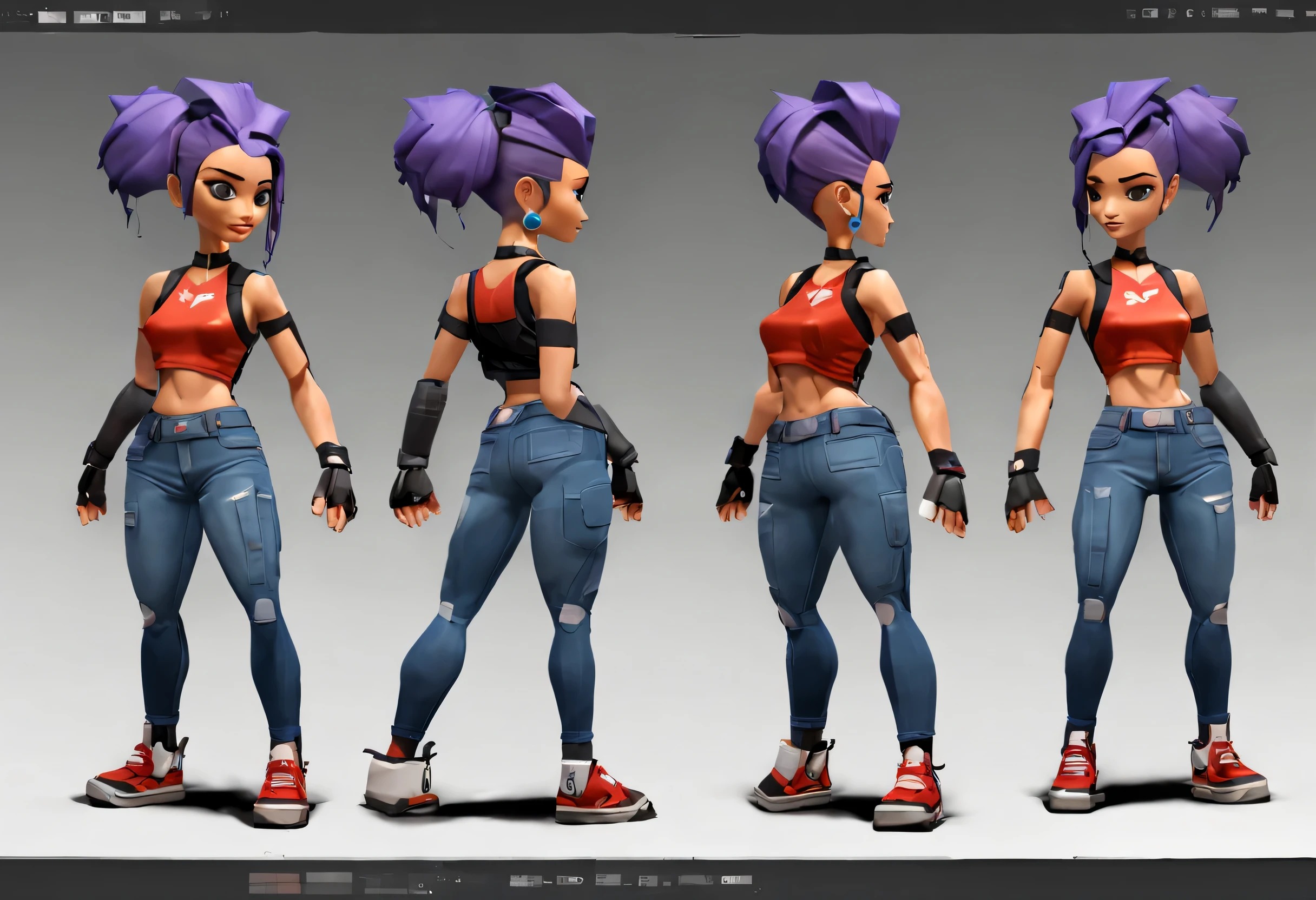 role conception sheet， Three views of cartoon image, Generate three views, i.e. front view, the side view and the Back view, Maintain consistency and uniformity， whole body, front, side, Back, hip hop bionic girl, pretty face, Jinx style, 大胆的role conception, soft punk, role conception, Unreal Engine, Redshift renderer, 3D modeling, Metal, science and technology, Pixar style, intellectual property, 软side, role conception, 详细的role conception. best quality, Ultra-detailed, 8k