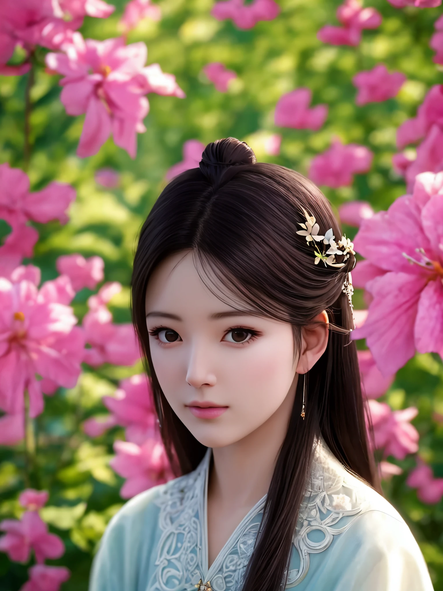(best quality,4k,8k,highres,masterpiece:1.2),ultra-detailed,(realistic,photorealistic,photo-realistic:1.37),rosy zhao,beautiful detailed eyes,beautiful detailed lips,extremely detailed eyes and face,longeyelashes,one girl,fashionable stylish attire,confident expression,natural light,dreamy atmosphere,soft pastel colors,sumptuous garden background,lush green foliage,colourful flowers blooming,light streaming through the trees,peaceful and serene mood,subtle hints of sunlight filtering through the leaves,delicate shadows,ethereal and elegant posture,slightly tilted head,artistic composition,high contrast,subtle depth of field,impeccable skin texture,captivating presence,creative portrait,romantic ambiance,graceful movement,sophisticated style,seamlessly blended elements,impressive attention to detail,sensitive and graceful artistic interpretation,exquisite and refined visual appeal