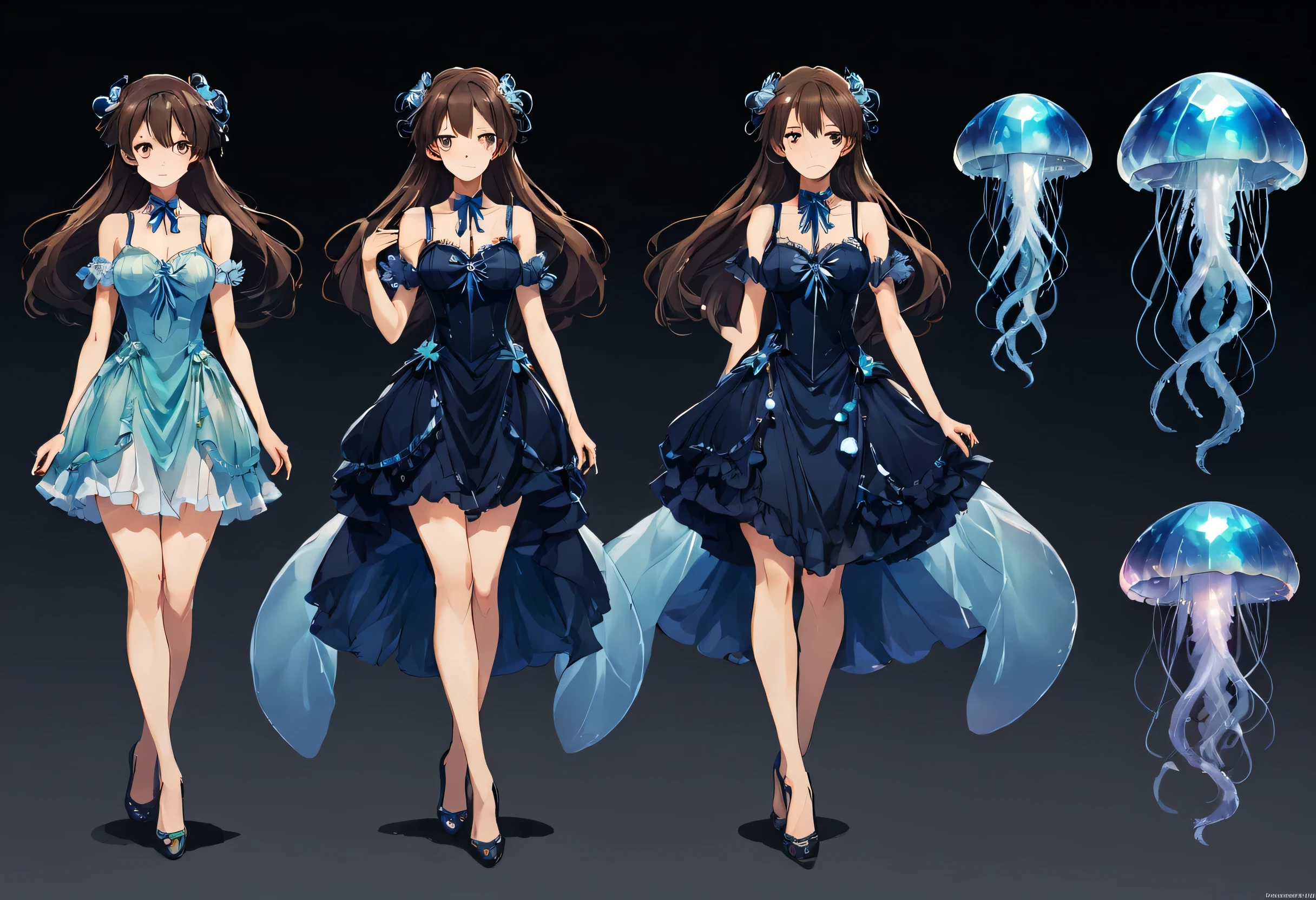 Character expression table(role expression table)
character design sheet(character design sheet)
Character pose table(Character pose table)
Turnover table(conversion table)
concept design sheet(concept design sheet)
Item table/Accessories(Project table/Accessories)
dress list/fashion list(decorative table/Fashion watches)
full body portrait(Full body image),Beautifully detailed character reference sheet, a girl, Blue Cute Magical Girl Dress, luminous opal , Jellyfish Motive, rainbow colors, Super detailed, Granblue Fantasy, Animation key visual—niji 4