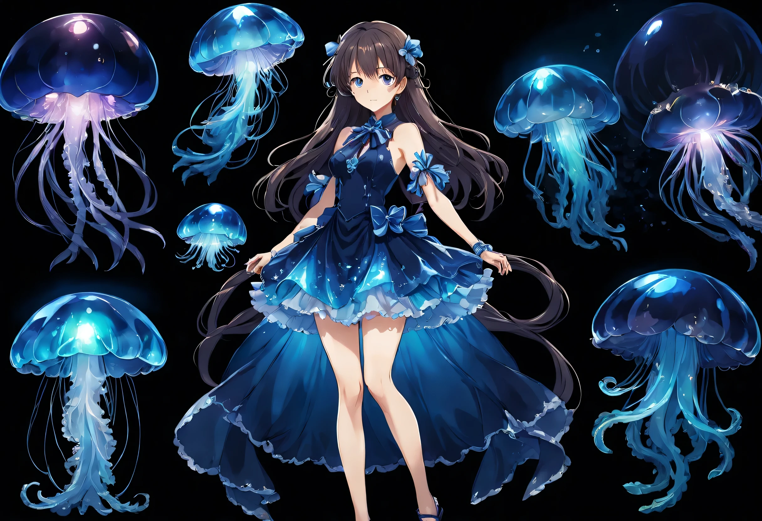 Beautifully detailed character reference sheet, a girl, Blue Cute Magical Girl Dress, luminous opal , Jellyfish Motive, rainbow colors, Super detailed, Granblue Fantasy, Animation key visual—niji 4