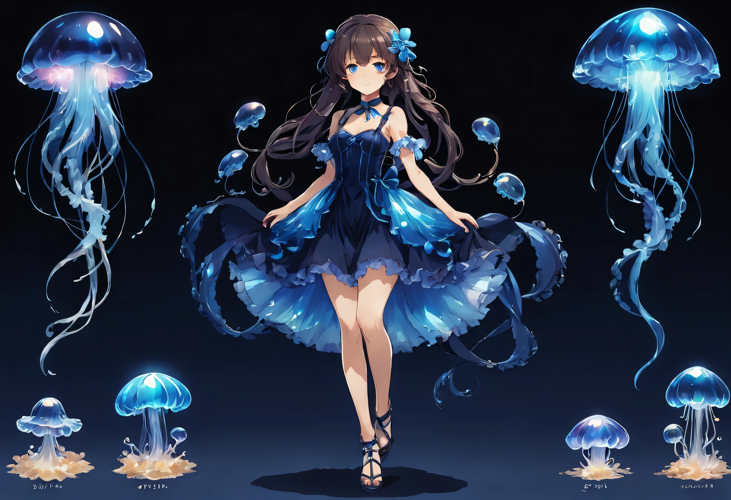 Beautifully detailed character reference sheet, a girl, Blue Cute Magical Girl Dress, luminous opal , Jellyfish Motive, rainbow colors, Super detailed, Granblue Fantasy, Animation key visual—niji 5