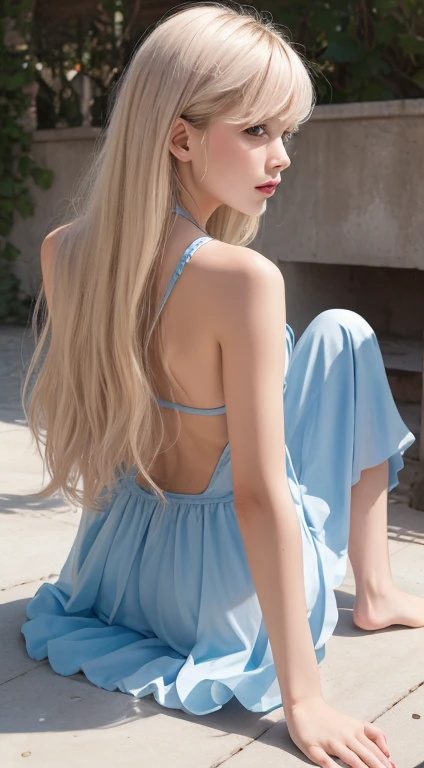 portlate、Alice in Wonderland、Blue sky、Bright and very beautiful face、Young shiny shiny white shiny skin、Best Looks、Platinum blonde hair with dazzling highlights、finer hair、beautiful long back hair that is very straight,,,,,,,,、Super long silky straight hair、Beautiful bangs that shine、Glowing crystal clear big blue eyes、Very beautiful lovely 16 year old beautiful girl、White Apron、Blue Dress