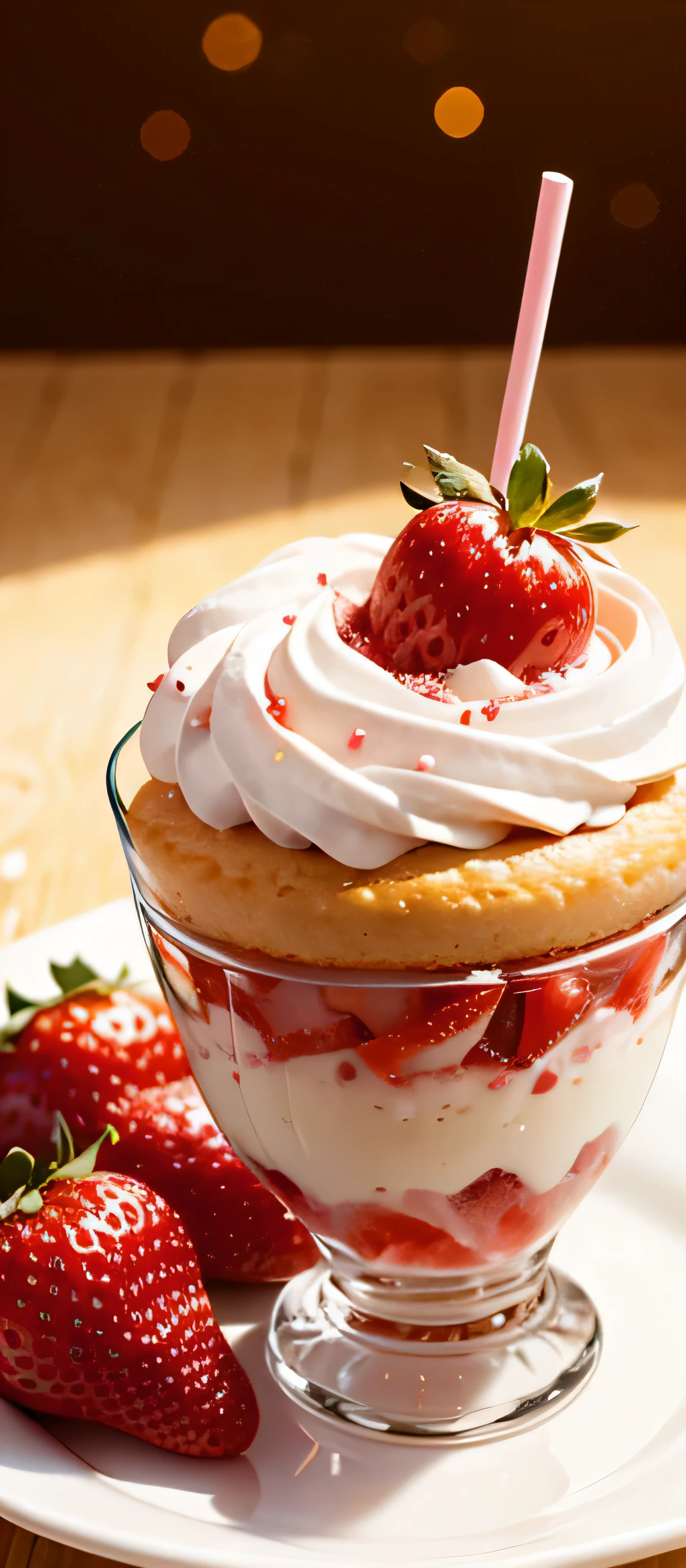 beautiful birthday cake:1.4,Strawberry mousse. lifelike, tasty.bokeh background.leave a space