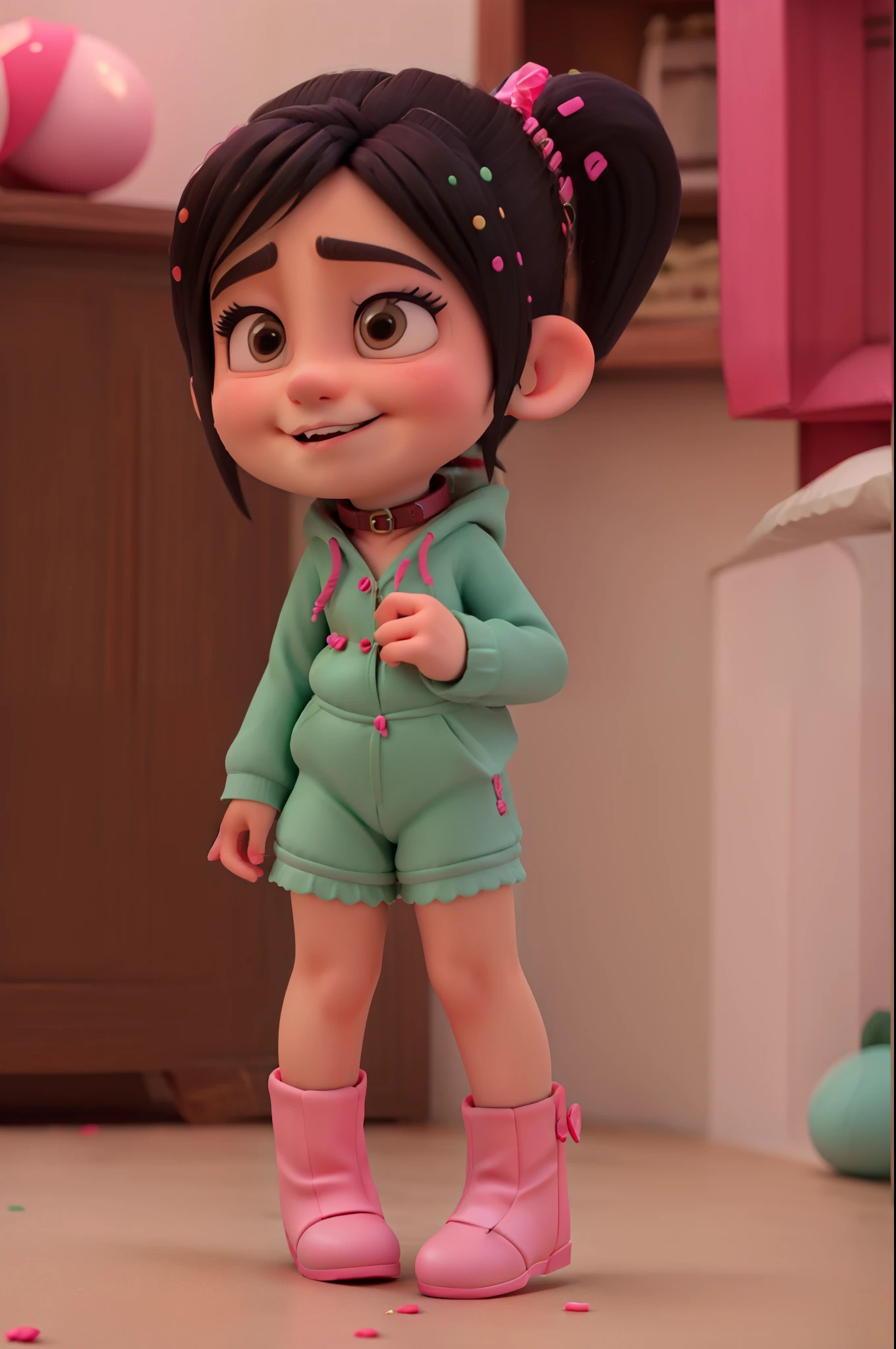 score_9, score_8, score_7, score_6, vanellope, 1girl, rating_questionable, cute pose, happy, black hair, sitting on the floor, barefoot, panties, teal panties, upskirt, camel toe