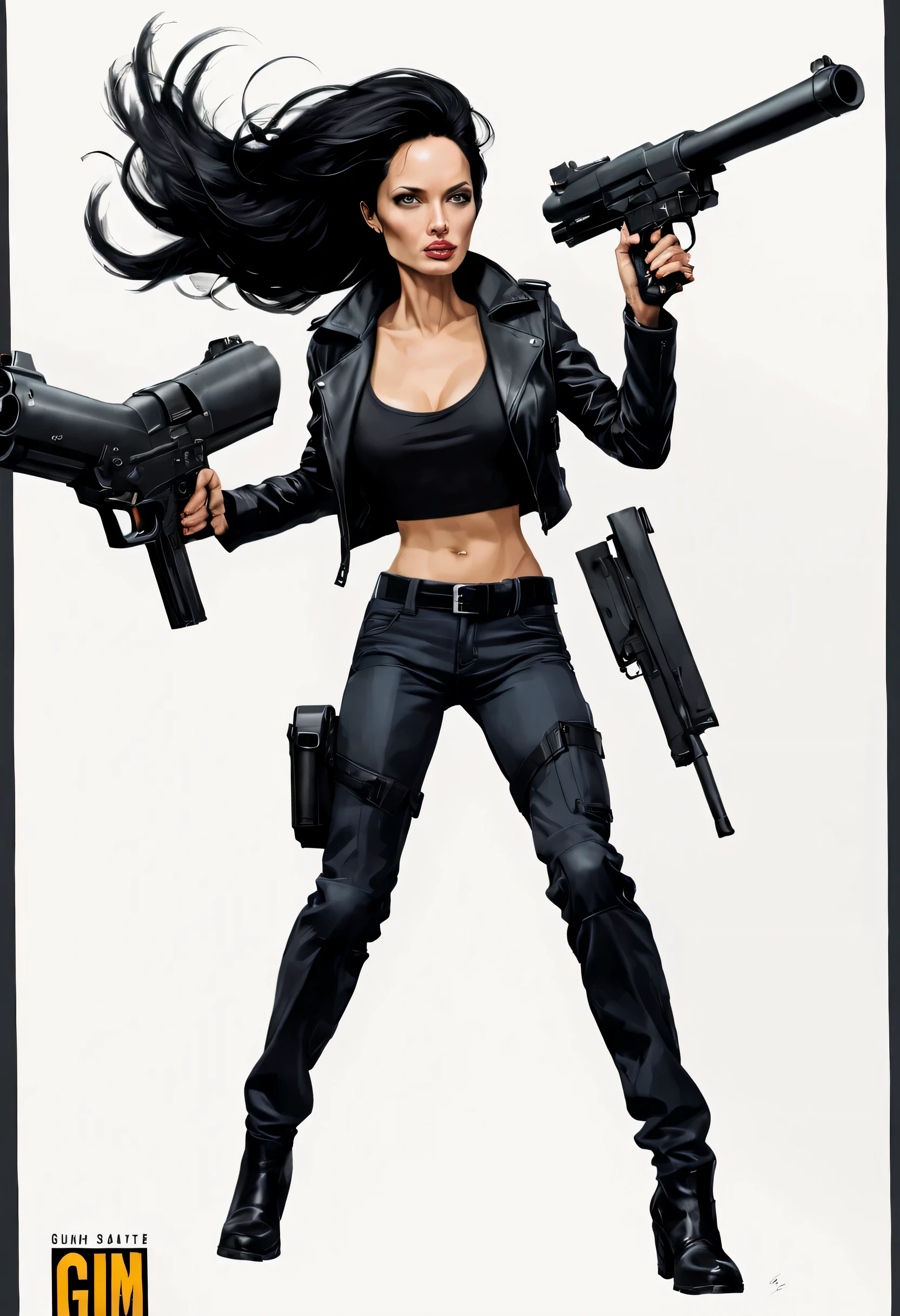character design sheet,特工Jump跃,Angelina Jolie,gun,Jump,motorcycle,black hair,blond,bazooka,