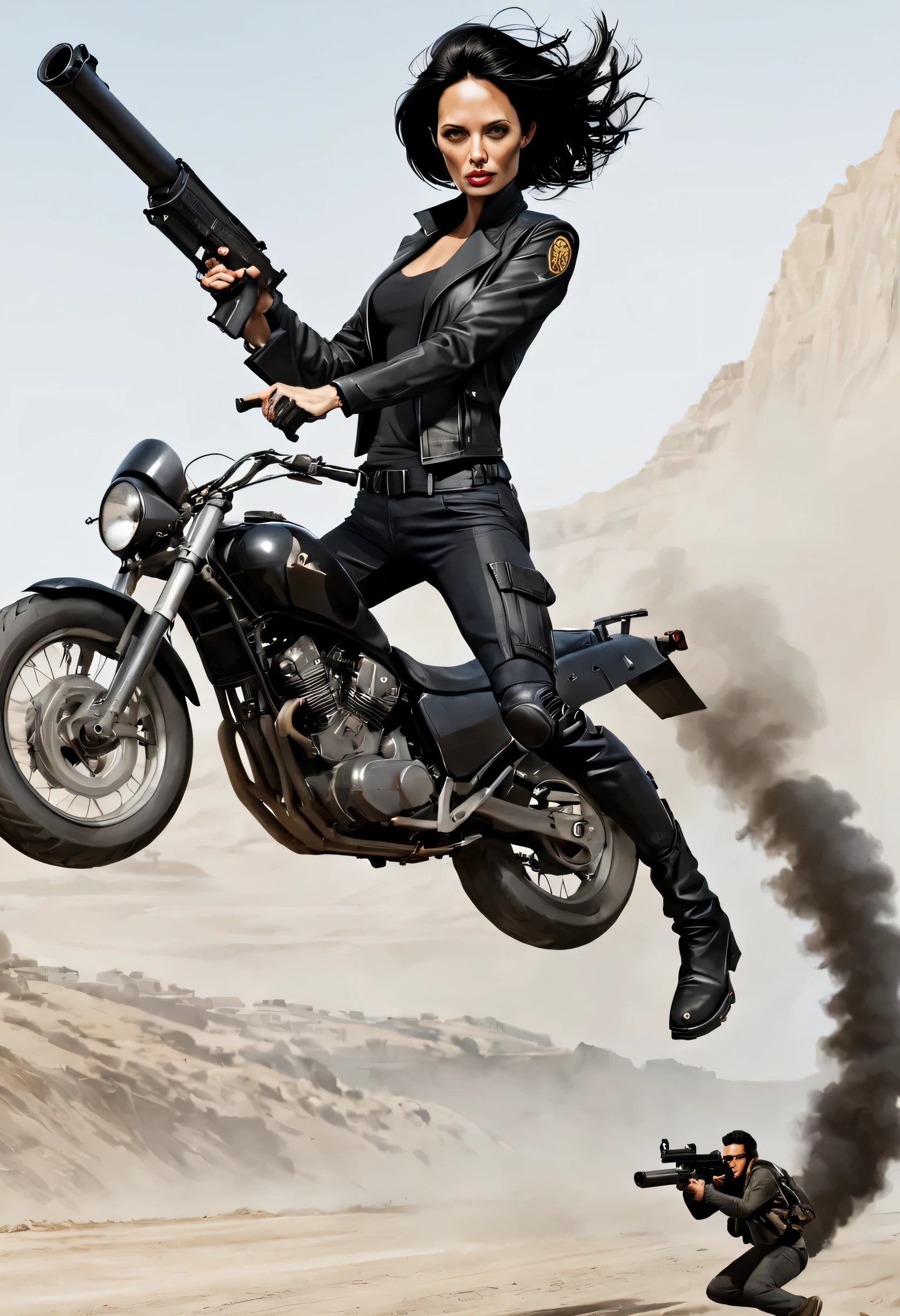 character design sheet，特工Jump跃，Angelina Jolie，gun，Jump，motorcycle，black hair，blond，bazooka，