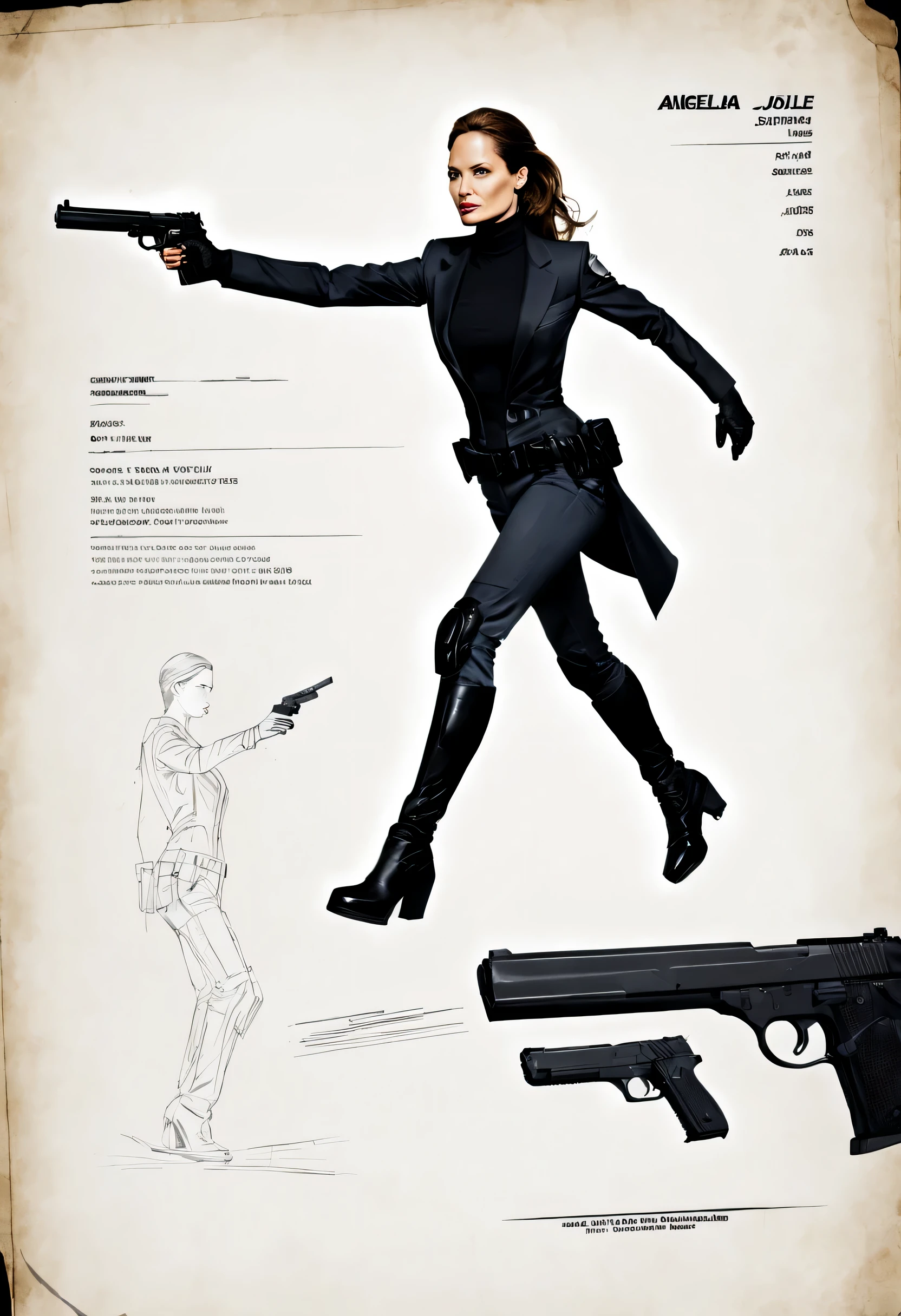 character design sheet,特工Jump跃,Angelina Jolie,gun,Jump,