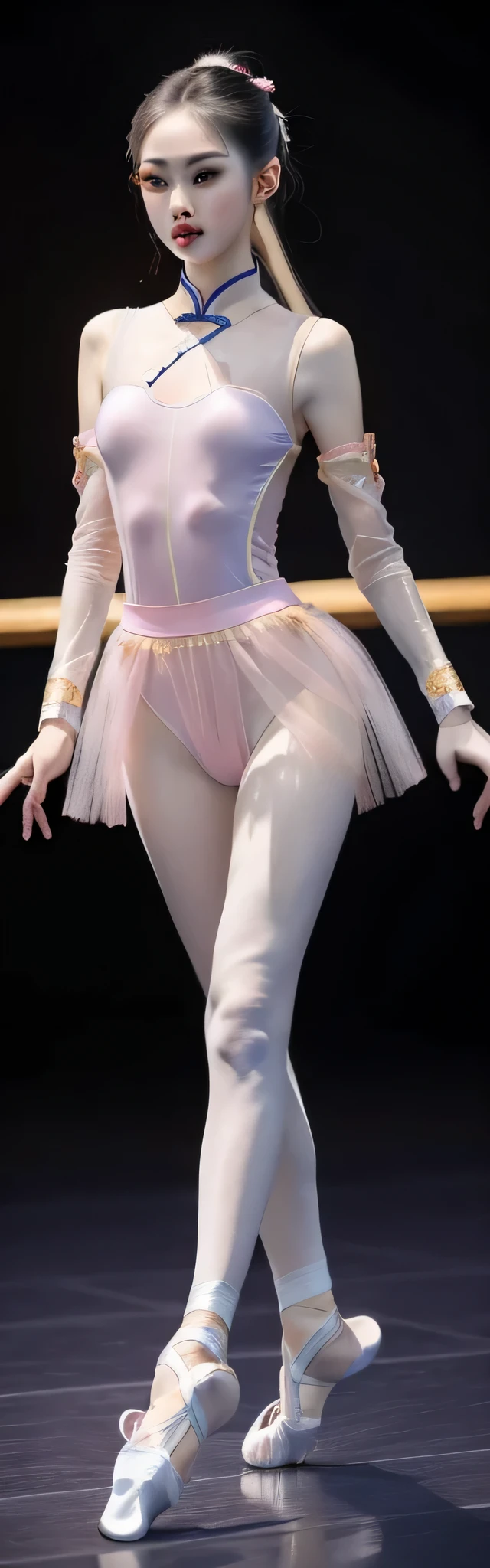 (best quality, 8k, 32k, masterpiece, ultra high definition:1.2), fashion model,18 years old,perfect eyes, perfect iris,perfect lips,perfect teeth,Perfect skin,Has fair skin,long face,slender nose,(((Chinese ballet dancer:1.4))), 1 girl,, double eyelids, fashion model冠军,1.77 meters,sexy face, sexy legs, full of details,Navel exposed,beautiful pink shoes,beautiful,bright,Pink tight transparent underwear, Off-the-shoulder style, , Stand tall, track, huge stage, Chinese underwear series, NSFW, whole body, see through,black background