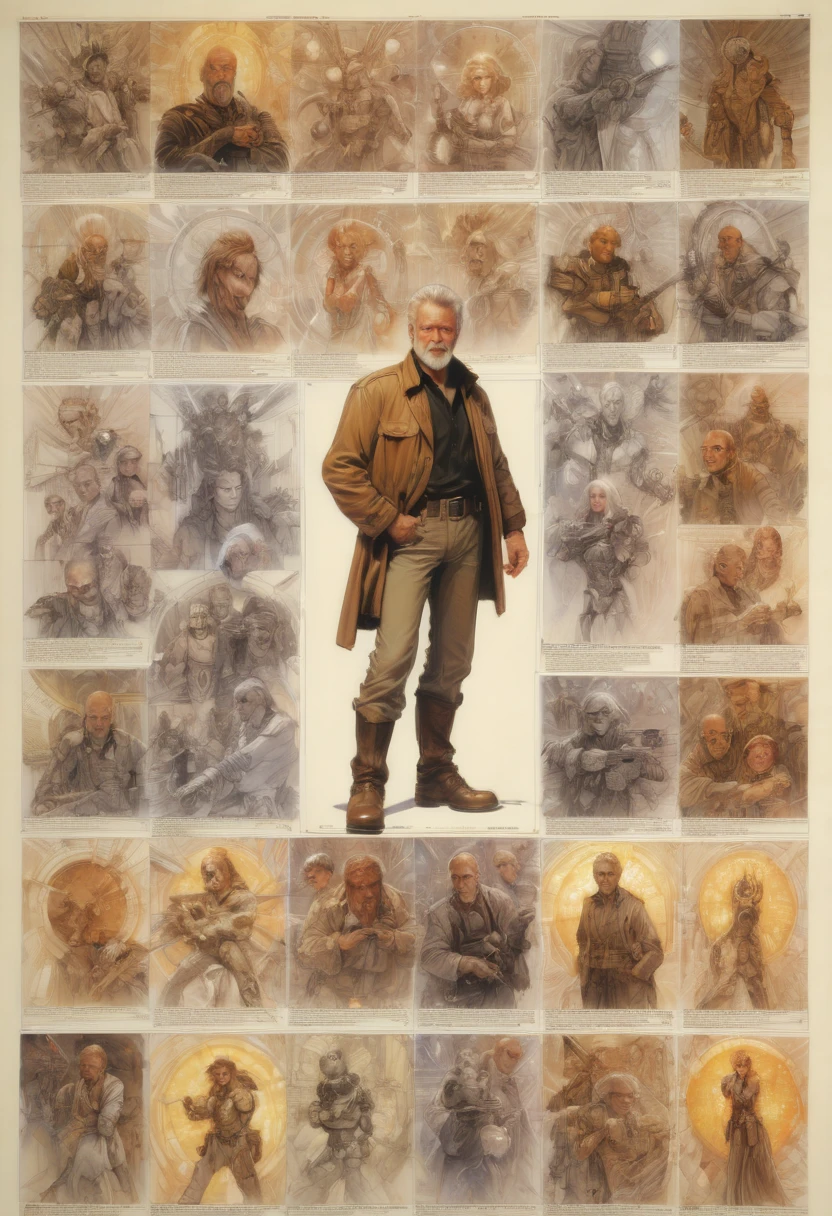 character design sheet by Drew Struzan, best quality, masterpiece, Representative work, official art, Professional, Ultra intricate detailed, 8k