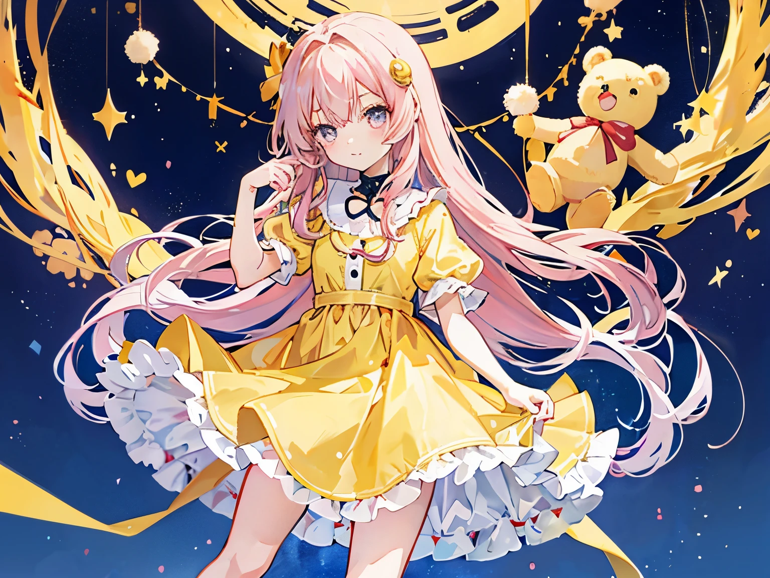 anime girl with long hair and a yellow dress holding a teddy bear, an anime drawing inspired by Puru, pixiv, mingei, in dress, small curvy , with index finger, anime moe artstyle, yuruyuri, shirabii, small girl, cute anime girl, , anime visual of a cute girl