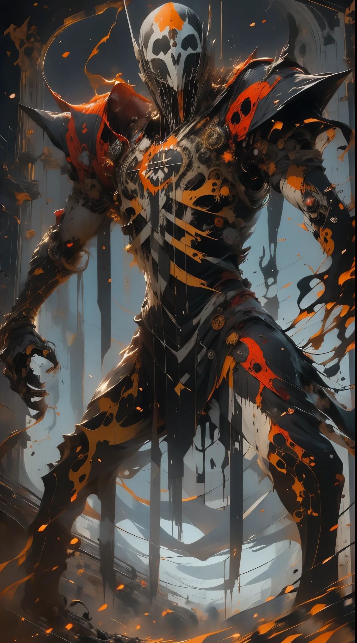 arte oficial,demonio del infierno,bata negra,(shinigami ), (Tema rojo:1.1), Tema de oro, scythe, estrella negra,pila de calaveras, cuerpo esqueleto,impious,ojos rojos,Cuervo negro,el,cadenas cruzadas, Cartas de tarot,8K,A high resolution,Alta nitidez,ultra-detallado,3D,