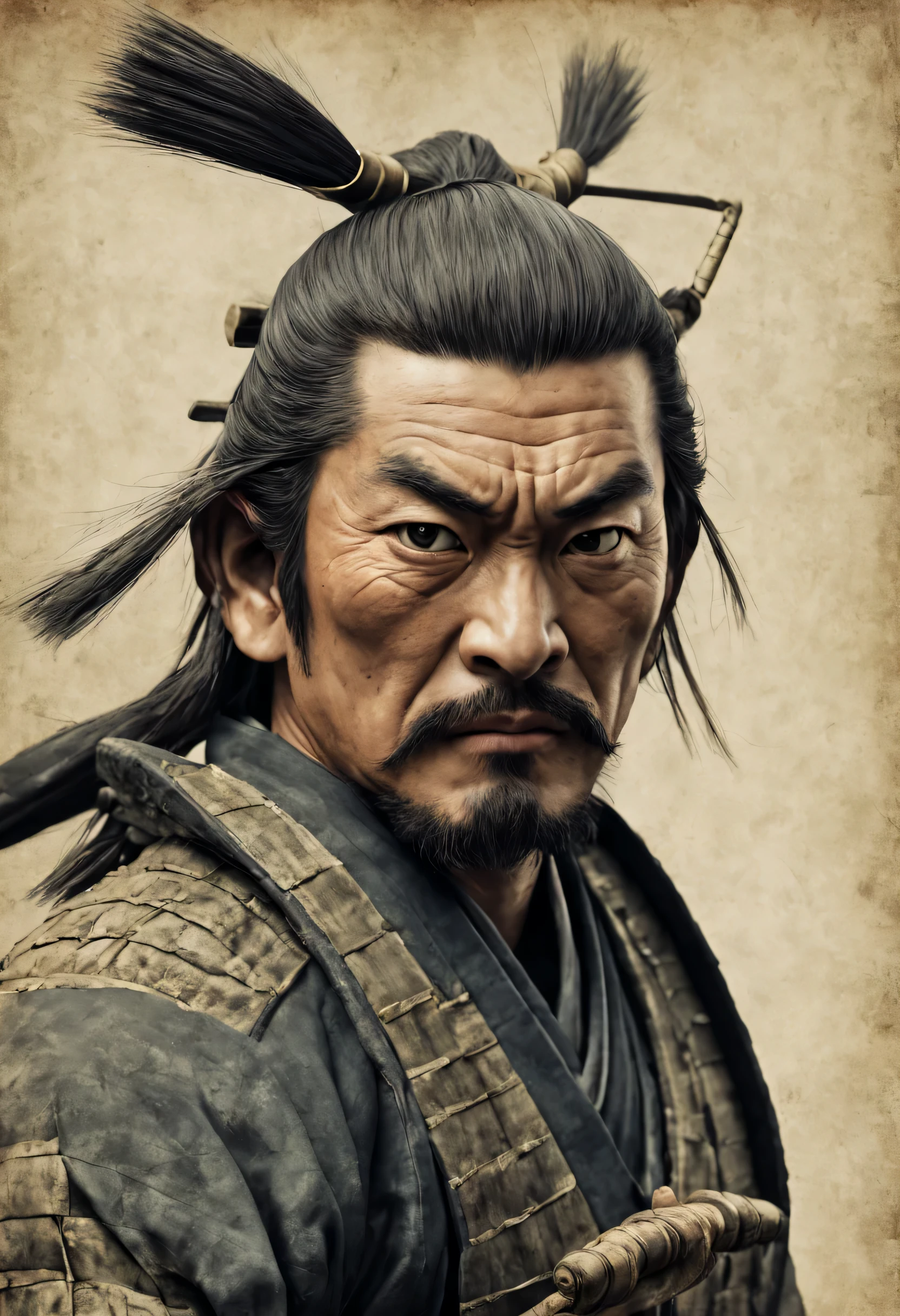 Japanese samurai, feudal Japan portrait, high quality, realistic, faded image, lines