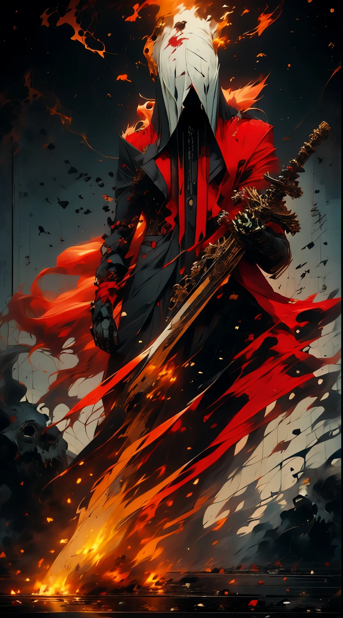 arte oficial，demonio del infierno，bata negra，（shinigami ), (Tema rojo:1.1), Tema de oro, scythe, estrella negra,pila de calaveras, cuerpo esqueleto，impious，ojos rojos，Cuervo negro，el，cadenas cruzadas, Cartas de tarot，8K，A high resolution，Alta nitidez，ultra-detallado,3D，