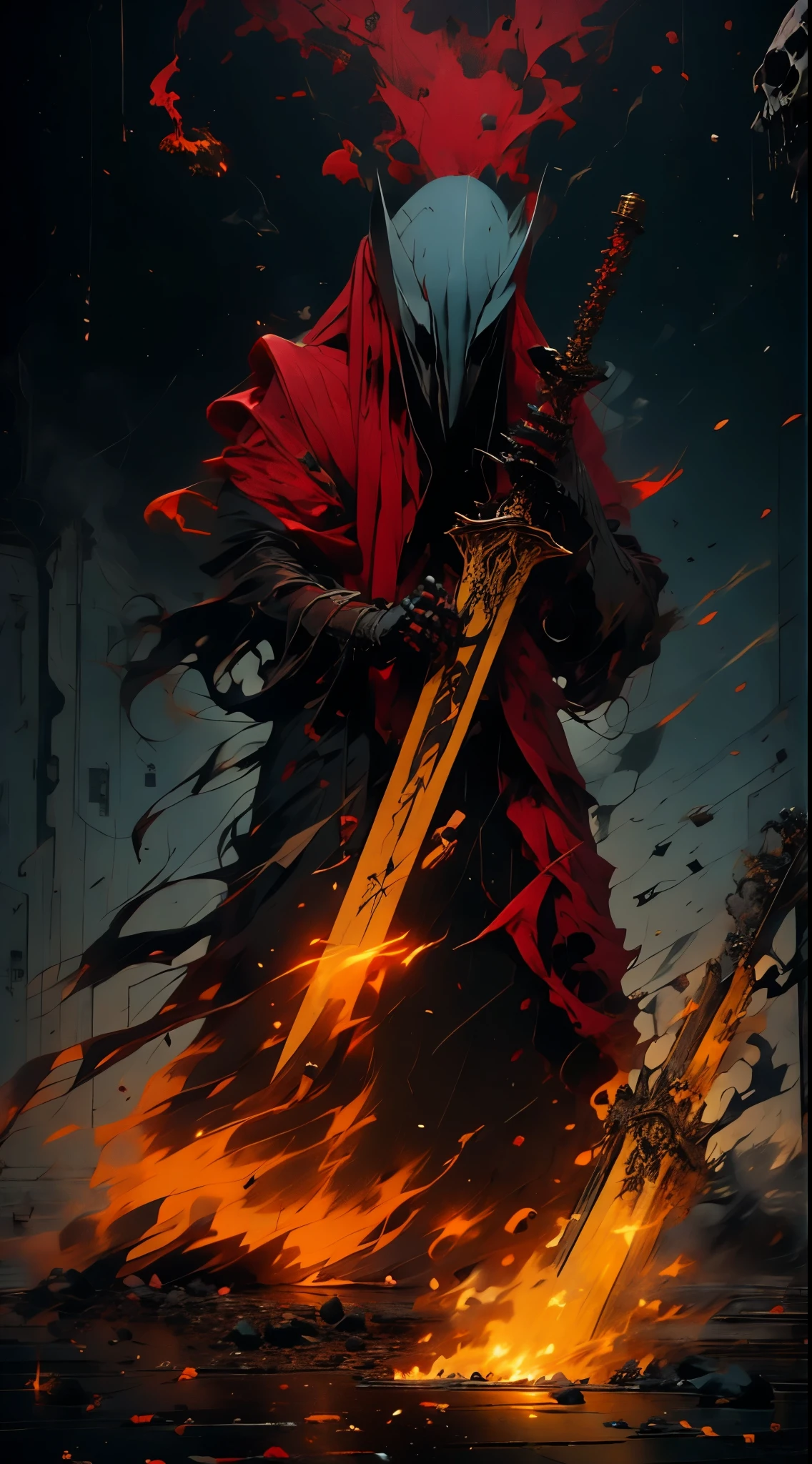 arte oficial，demonio del infierno，bata negra，（shinigami ), (Tema rojo:1.1), Tema de oro, scythe, estrella negra,pila de calaveras, cuerpo esqueleto，impious，ojos rojos，Cuervo negro，el，cadenas cruzadas, Cartas de tarot，8K，A high resolution，Alta nitidez，ultra-detallado,3D，