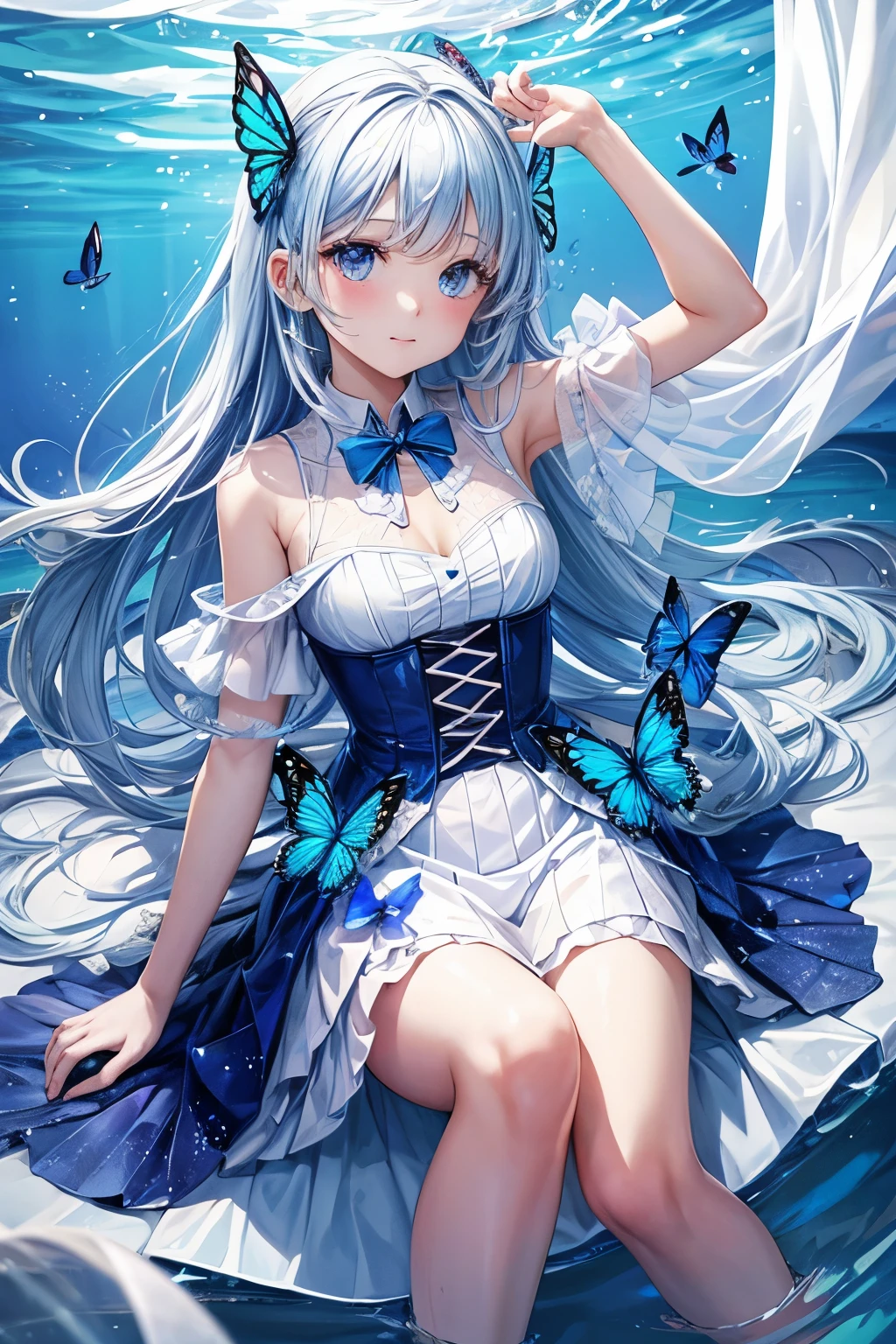 1 girl, transparent water, blue butterfly, pure white gauze skirt, sparkling