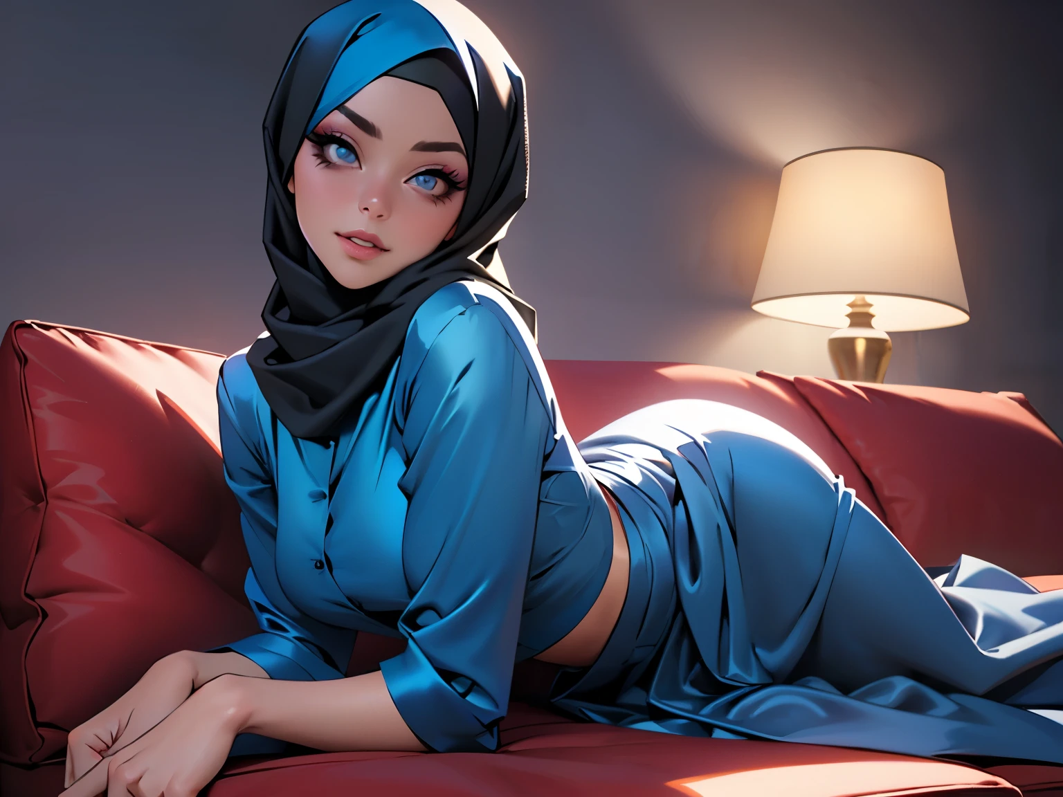 3dmm style, (Masterpiece), realistic, best quality, best lighting, extremely detailed artgerm, style artgerm, beautiful mature woman, 1 girl photo solo, beautifully makeup, eyeshadow, Parted Lips, Detailed Eyes, ((beautiful big eyes)), long eye lashes, dimples on the cheeks, smile, wearing ((Dark blue satin hijab)), loosely tide hijab style, ((Blue satin shirt and satin long skirt)), (Full-body portrait), lying on sofa, gray background.