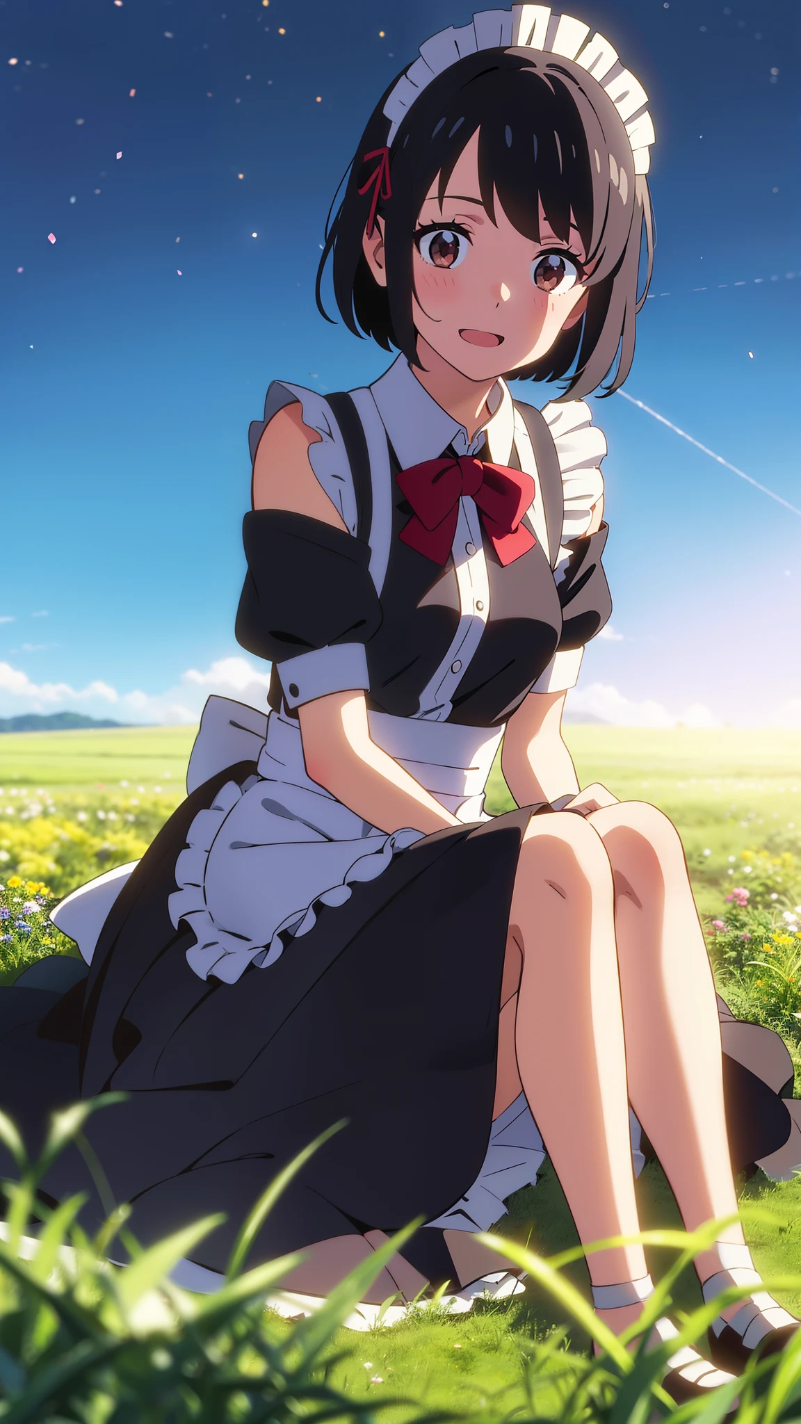 shinkai makoto, kimi no na wa., 1girl, bangs, black hair, blush, brown eyes, shiny skin, ((girl wear maid dress, Off-the-shoulders, short dress, short skirt, maid headdress)), red bow, red ribbon, short hair, smile, cute, solo, happy, open mouth, looking at viewer, flower field, Sit on grass, night, night sky, cloudy, dynamic lights, upper body