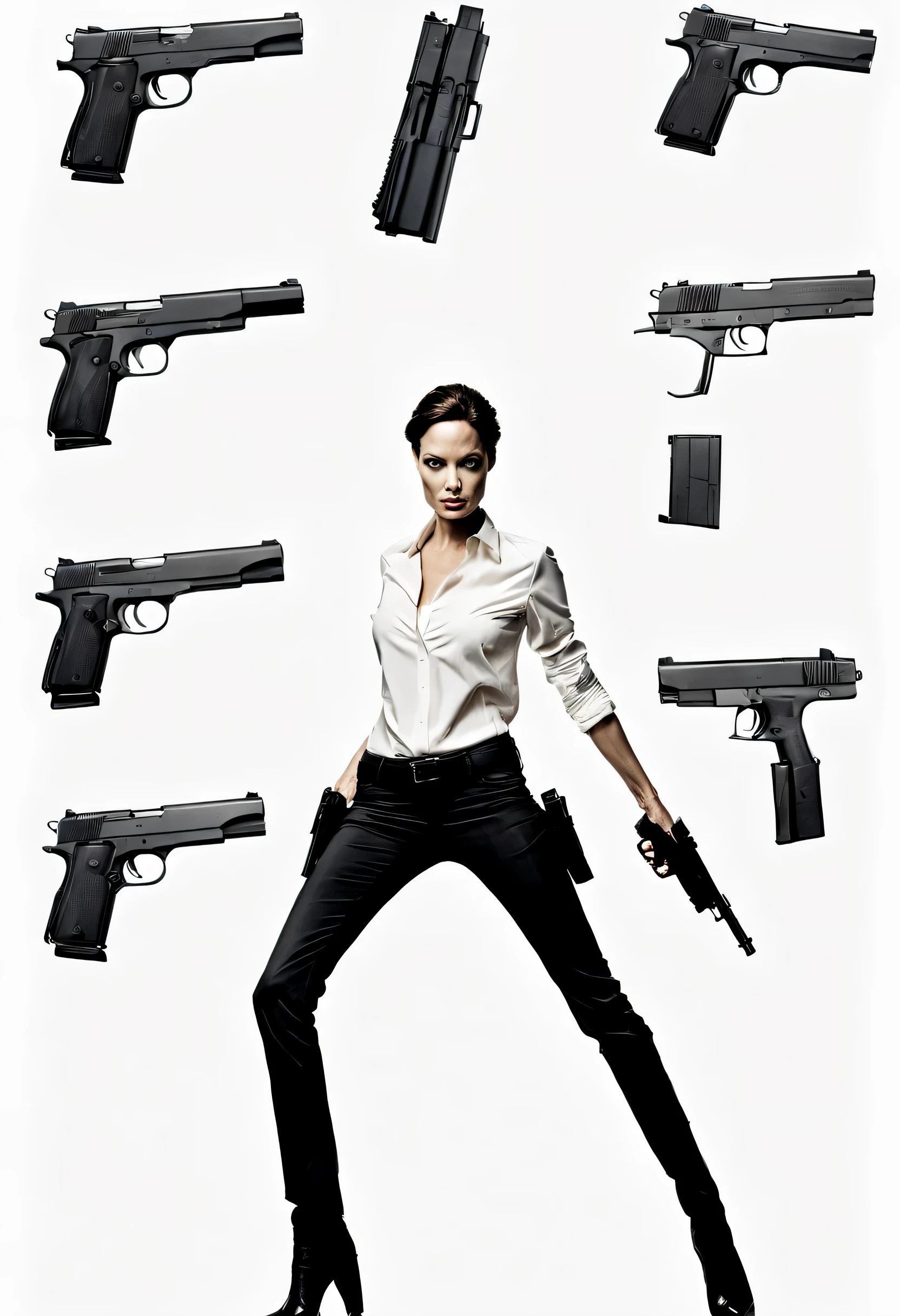 character design sheet,Secret Agent Angelina Jolie,gun,Jump,photography,