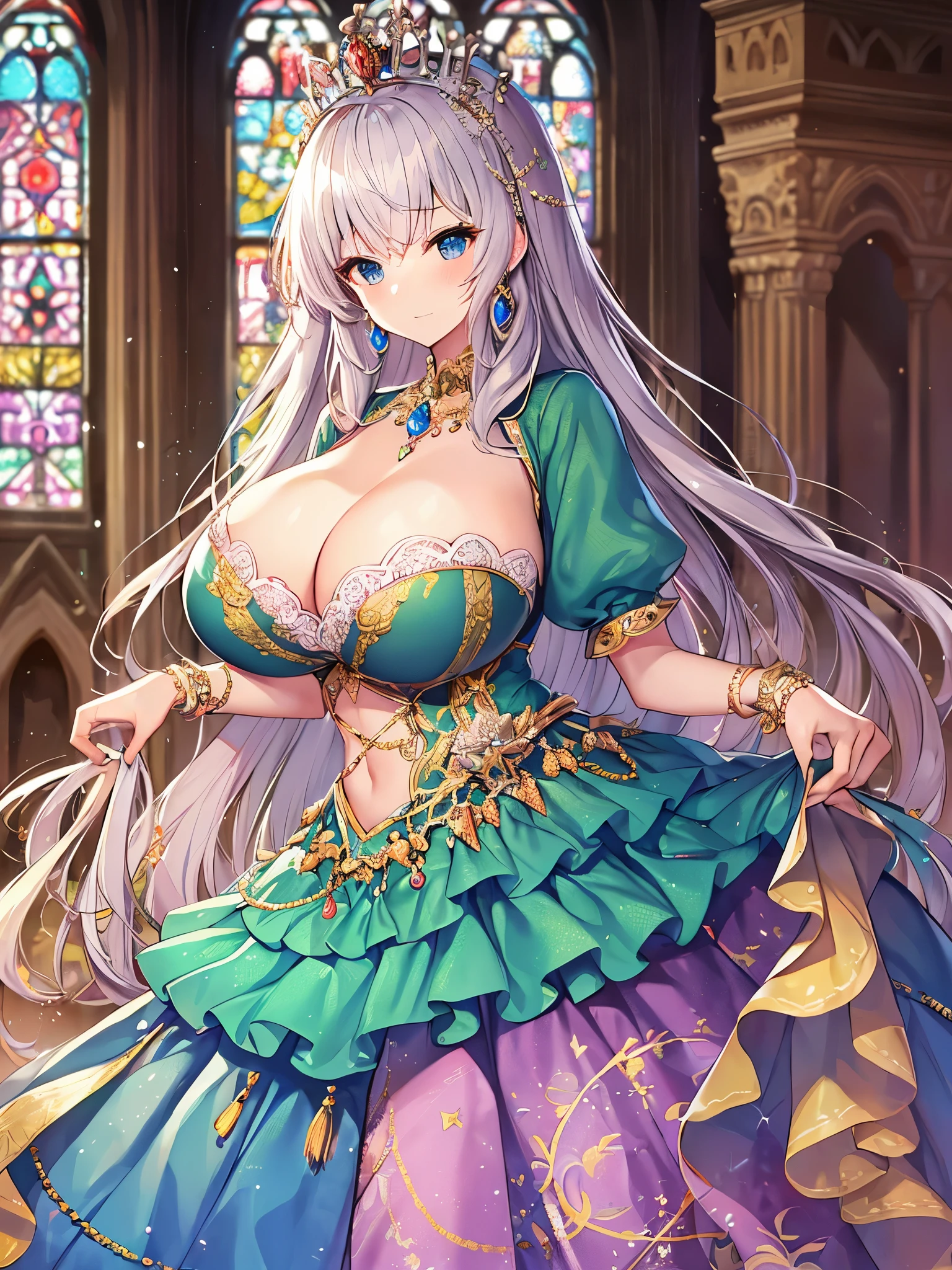 anime artstyle,Masterpiece,Best Quality,Super Detail,Very Delicate and Beautiful,Solo,full body,full body portrait,((1 bling-bling gorgeous princess in a gorgeous embroidery rococo ballgown with jeweled)),(((very very gigantic tits,cleavage,curvy))),Skindentation,((Cathedral,church)),((crinoline,long train)),super detailed gorgeous princess ballgown with voluminous full length hoop skirt,gorgeous princess rococo ballgown with long train,((gorgeous princess rococo ballgown with beautiful embroidery and jeweled)),(detailed face and eyes),jewel-like eyes,((extremely voluminous straight Hair,Extremely Long Straight Hair)),extremely gorgeous hair ornament,((extremely gorgeous bling-bling big tiara)),bling-bling luxurious jewelry,Beautifully detailed lots of lace and ruffles,((super detailed gorgeous princess rococo ballgown with voluminous full length hoop skirt)),full body