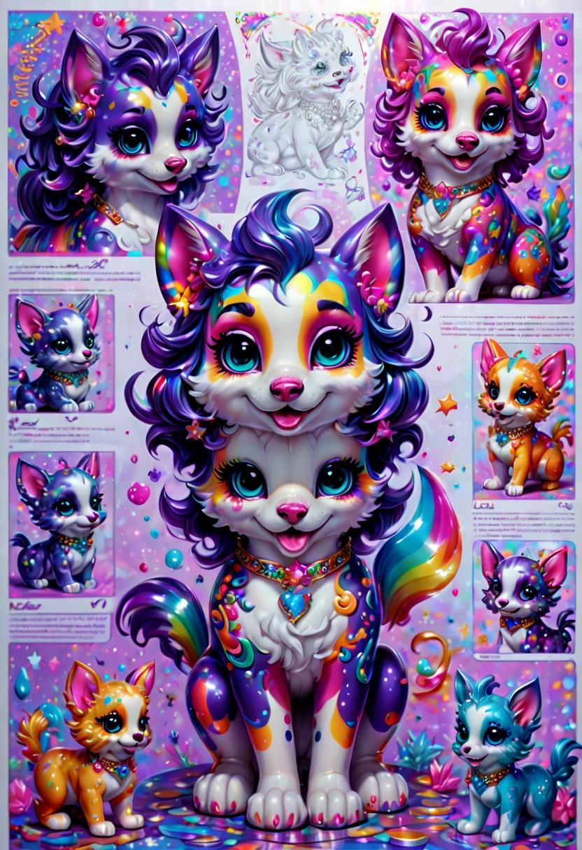 character design sheet, by Lisa Frank, (best quality, masterpiece, Representative work, official art, Professional, Ultra intricate detailed, 8k:1.3)
