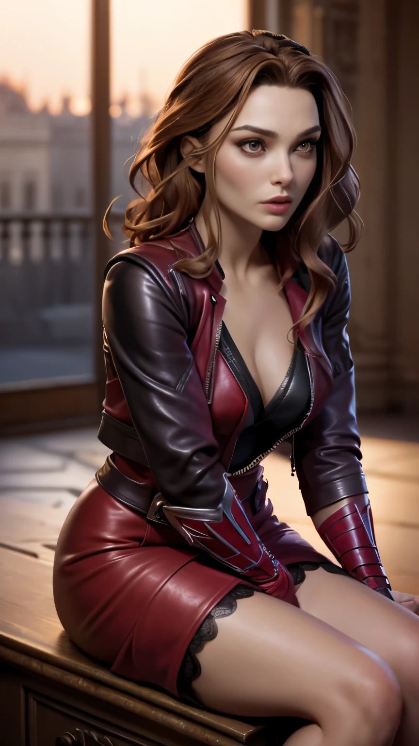 photo of celebrity, RAW, beautiful woman, ((portrait)), ((detailed face, colorful rainbow hair:1.2)), ((detailed facial feature, detailed skin, clear skin, parted lips), (perfect proportioned body, medium breasts, side boob), (wearing scarlet witch cosplay, avengers, wearing black lace dress, open red leather jacket: 1.5)), (sitting in high detailed courtyard with palace background: 1.3), (side profile, realistic photo, best quality, detailed), (8k wallpaper), (cinematic lighting, dramatic lighting) (sharp focus, intricate)
