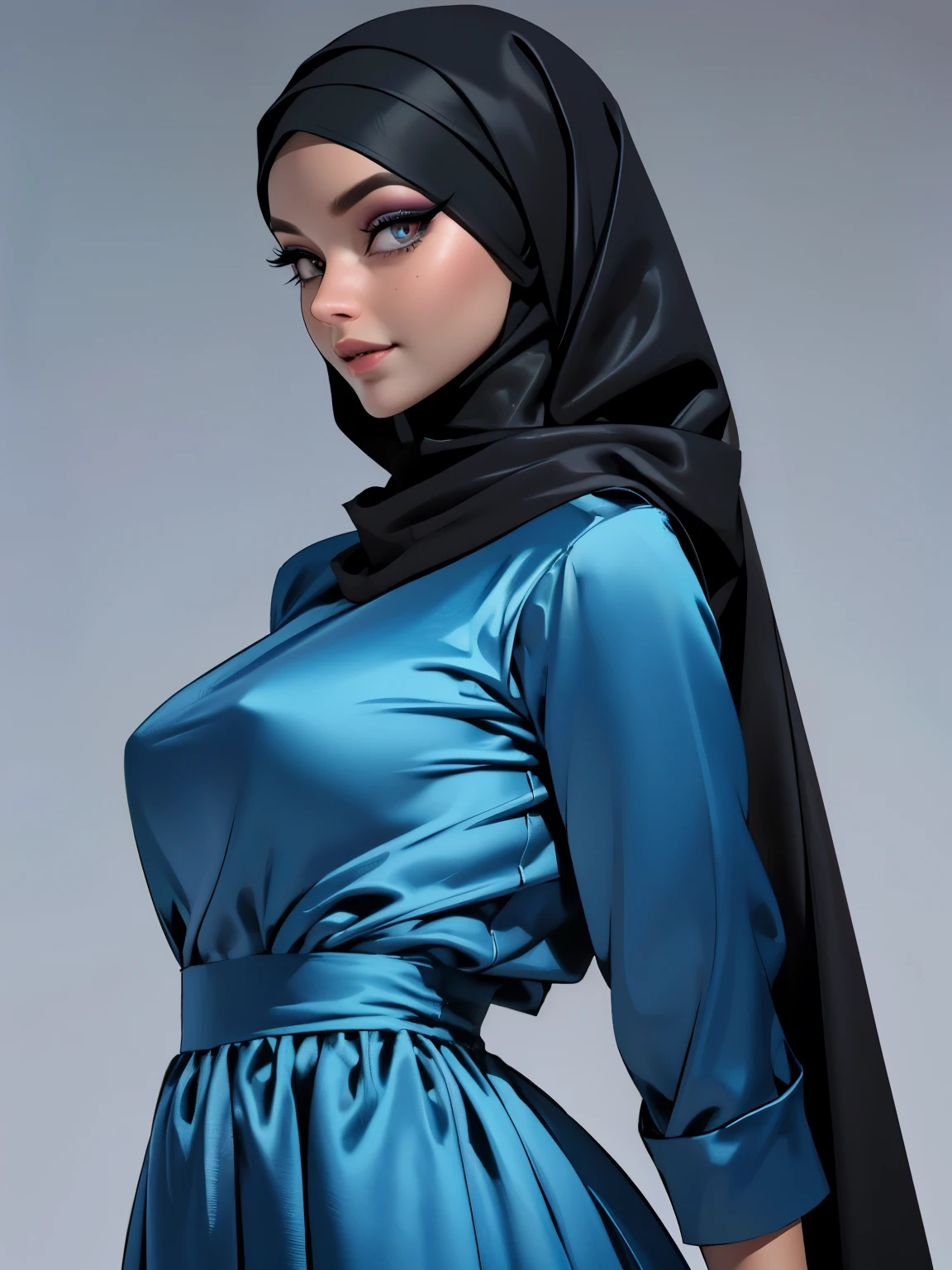 3dmm style, (Masterpiece), realistic, best quality, best lighting, extremely detailed artgerm, style artgerm, beautiful mature woman, 1 girl photo solo, beautifully makeup, eyeshadow, Parted Lips, Detailed Eyes, ((beautiful big eyes)), long eye lashes, dimples on the cheeks, smile, wearing ((Dark blue satin hijab)), loosely tide hijab style, ((Blue satin shirt and satin long skirt)), (Half-body quarter portrait), Front view, Standing Symmetric Centre, facing the viewer, gray background.