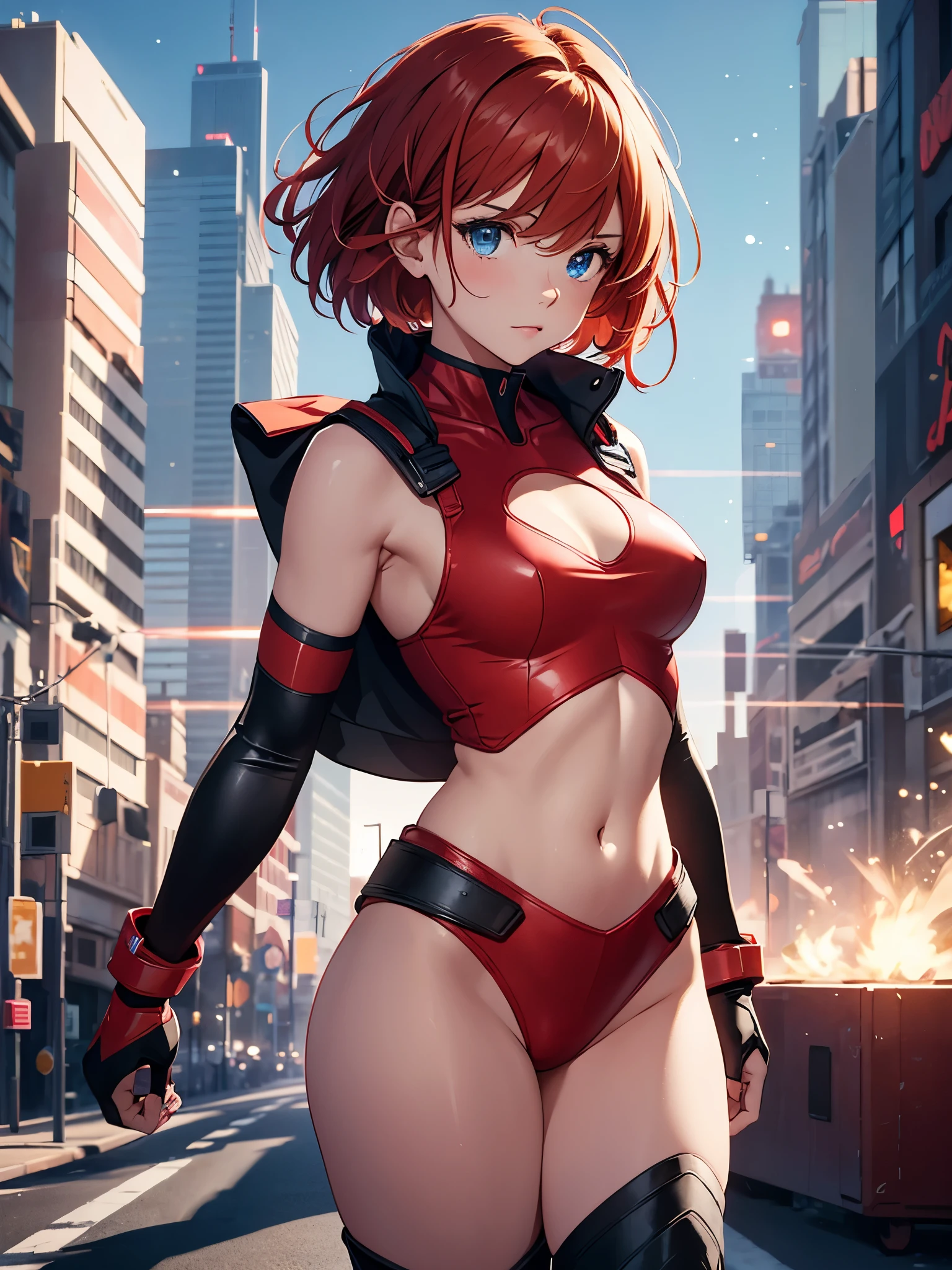 masterpiece, best quality, 1girl, medium breasts, leotard, red leotard with white accents, sleeveless, midriff, bare legs, boots, matching boots, bracelets, city backdrop, solo, single, standing, full body shot, cowboy shot, beautiful detailed eyes, red hair, short hair, bob hair, superhero, glow, powering up, light particles