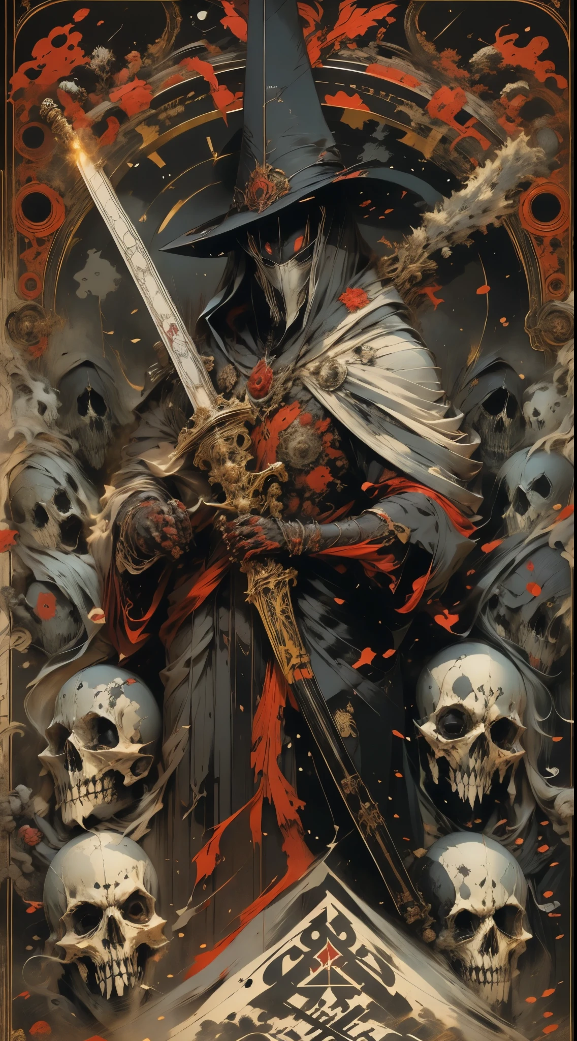 arte oficial,demonio del infierno,bata negra,(shinigami ), (Tema rojo:1.1), Tema de oro, scythe, estrella negra,pila de calaveras, cuerpo esqueleto,impious,ojos rojos,Cuervo negro,el,cadenas cruzadas, Cartas de tarot,8K,A high resolution,Alta nitidez,ultra-detallado,3D,