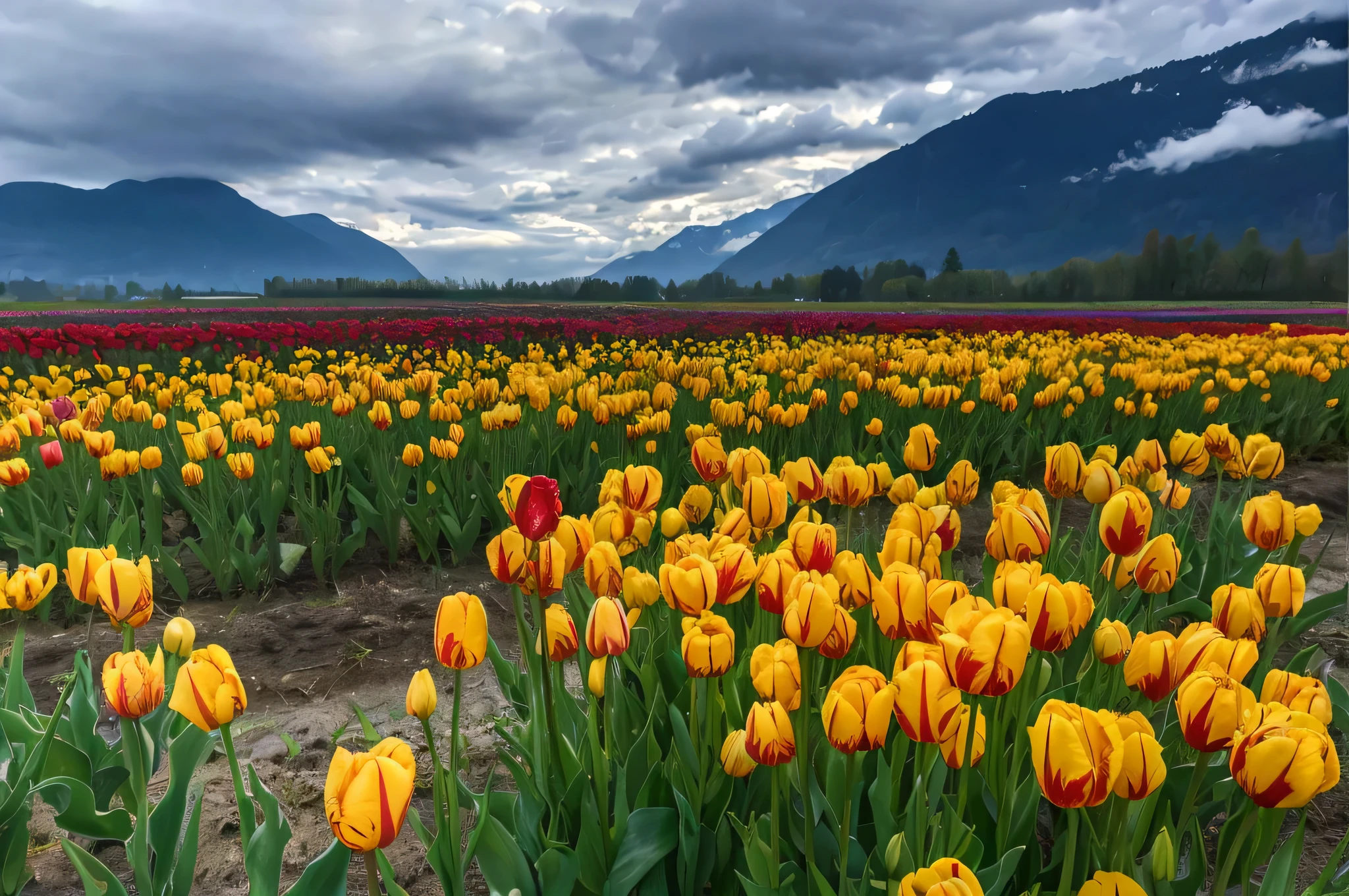 there are many yellow and red tulips in a field, tulips, vibrant but dreary gold, british columbia, flower fields, vibrant setting, fields of flowers, red and yellow, by Jim Nelson, rich picturesque colors, field of flowers, high quality nature photography, tulip, flower field, incredibly beautiful, field of flowers background, best selling, colour, some red and yellow
