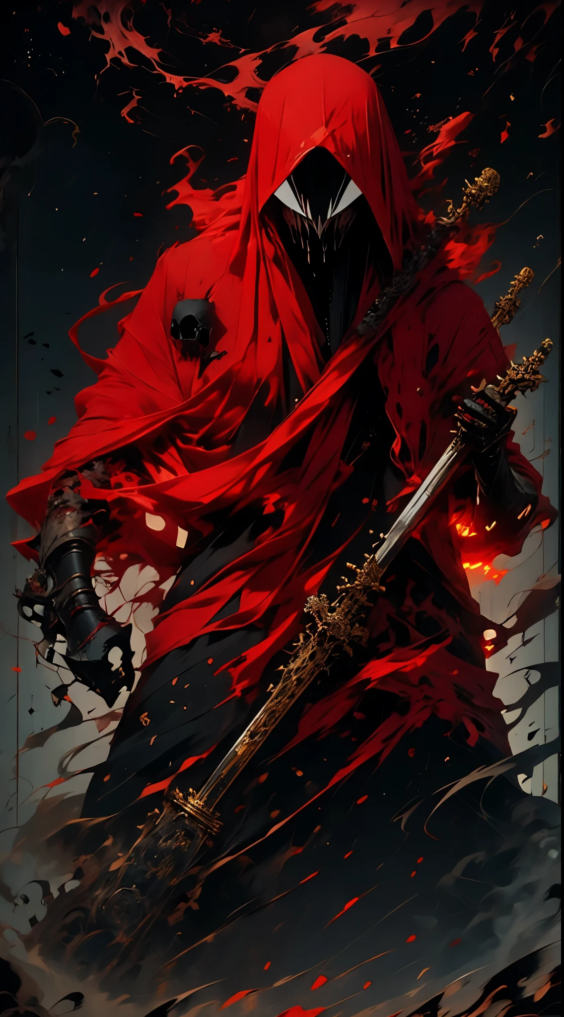 arte oficial，demonio del infierno，bata negra，（shinigami ), (Tema rojo:1.1), Tema de oro, scythe, estrella negra,pila de calaveras, cuerpo esqueleto，impious，ojos rojos，Cuervo negro，el，cadenas cruzadas, Cartas de tarot，8K，A high resolution，Alta nitidez，ultra-detallado,3D，