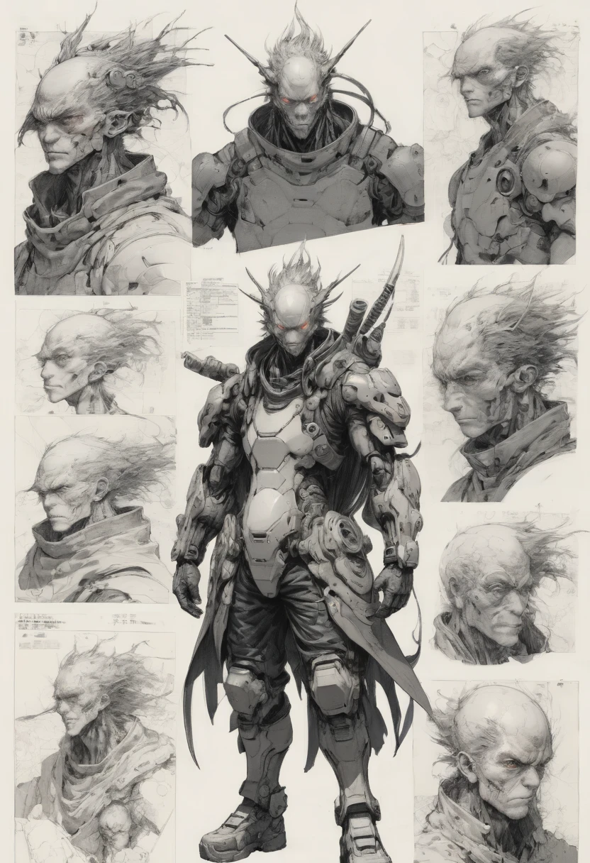 character design sheet by Tsutomu Nihei, best quality, masterpiece, Representative work, official art, Professional, Ultra intricate detailed, 8k