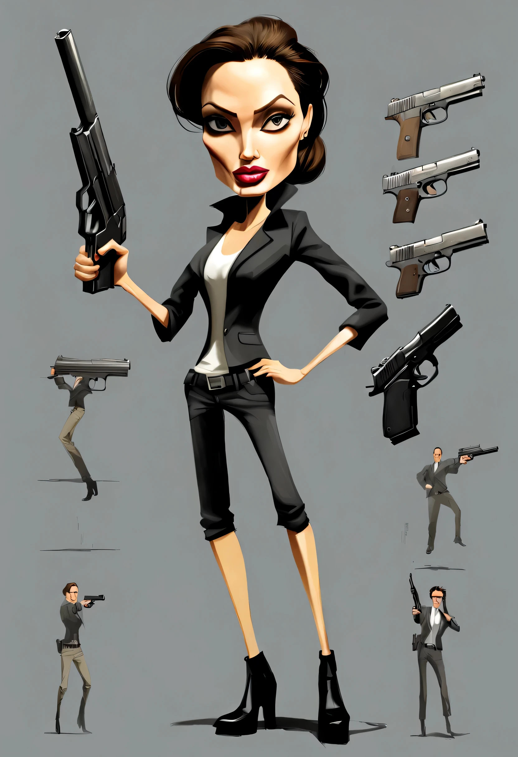character design sheet,Secret Agent Angelina Jolie,gun,Jump,photography,
