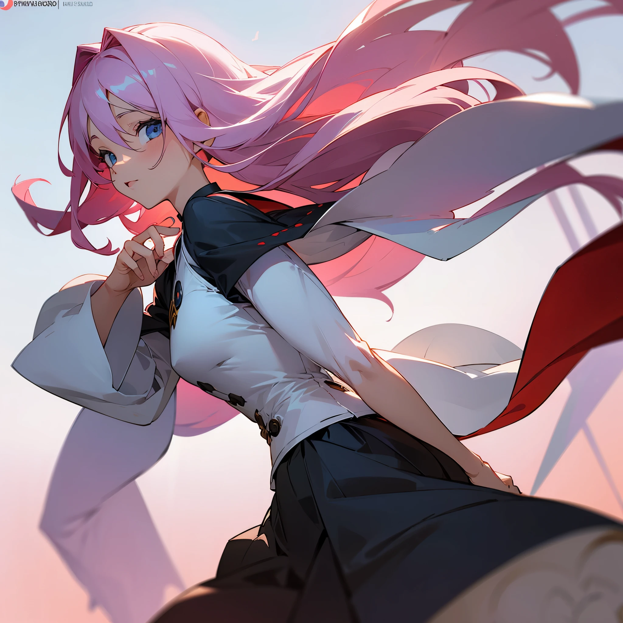 Uma personagem de anime de cabelos rosas olhos pretos roupas escolares, usanod uma saia sem calcinha mostrando a vagina enquanto sorri