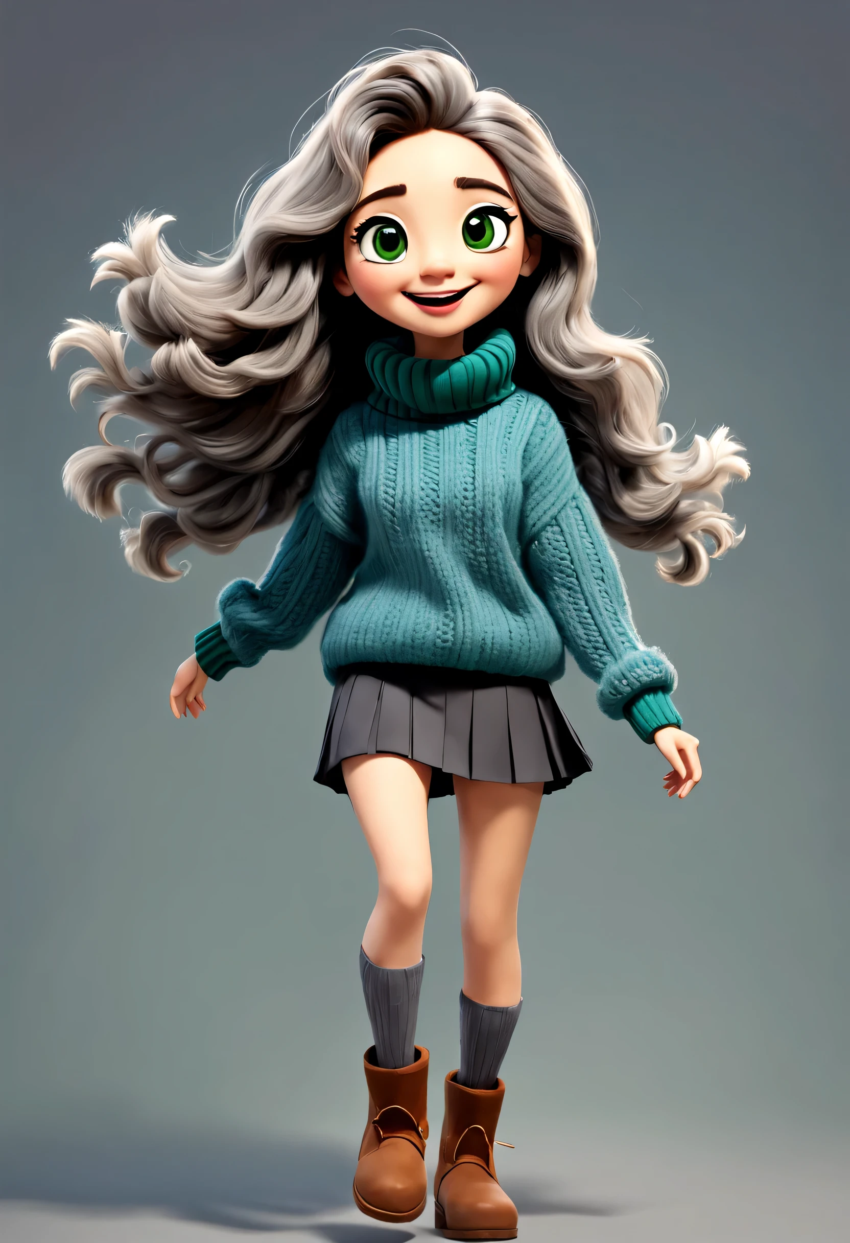 character design sheet, whole body, front, (the same cartoon girl), Humming a song and walking happily, Take big steps with dynamic movements, Wear different color designs, Beautiful face and big eyes, long eyelashes, White extra-long curly hair, Blue loose turtleneck sweater, Green loose turtleneck sweater, gray sweater, gray sweater short skirt, black sweater skirt, role conception, Unreal Engine, Pixar style, cartoon, 3d rendering, hairy, woolen art, puppet, detailed role conception, best quality, Ultra-detailed, 8k,