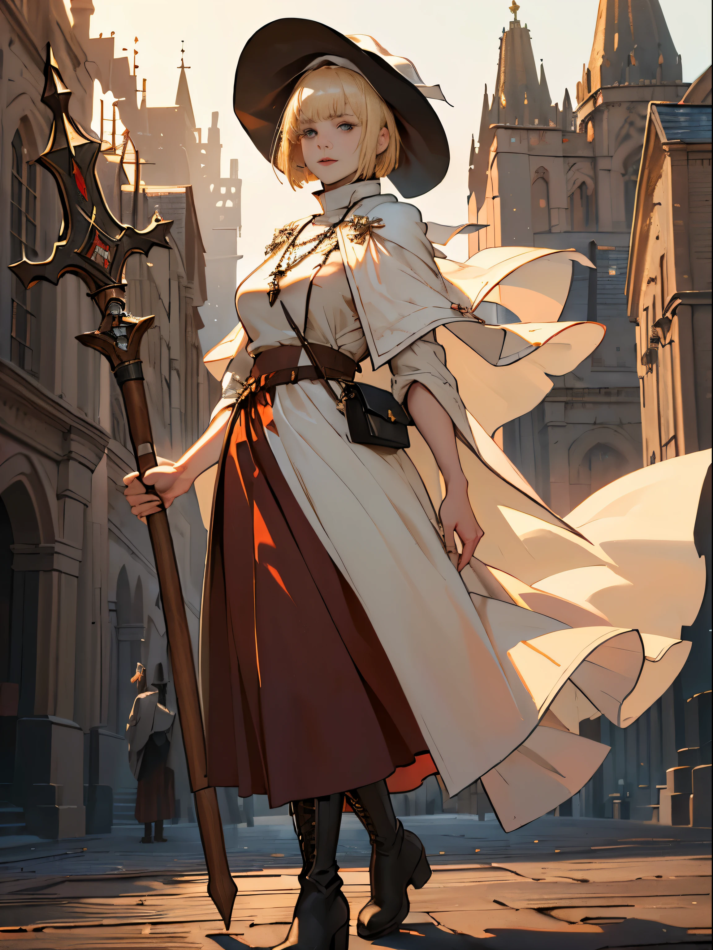 masterpiece, super detailed, 8K portrait, RAW photo, portrait photography, highly detailed face, beautiful and detailed eyes, ((fantasy)), young and beautiful, dynamic pose, kind face, smile, (((Short bob blonde hair, bangs))), ((priest)), white skin color, simple and simple girl, Wooden Necklace, Clergy's hat, (((long cloak))) fluttering in the wind, (((dark dull red oversized priest tunic))), (((long skirt)), (((Low boots))), ((holding a long wooden cane)), Large shoulder bag, midday sun, surreal, body model, big breasts, beautiful breasts, long legs, in the crowd, environmental lighting, shadow details , Focus the camera on the thigh, strong wind, light fog