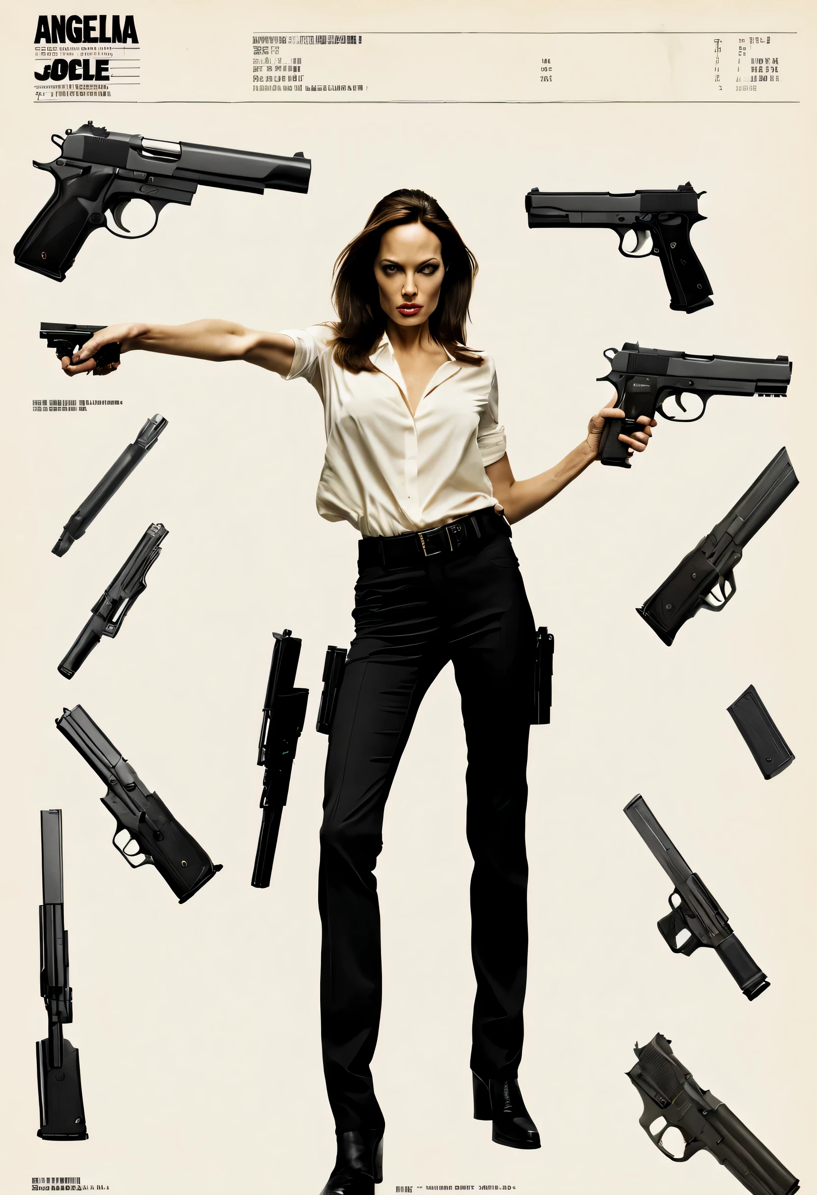 character design sheet,Secret Agent Angelina Jolie,gun,科技gun,长gun,dagger,Jump,photography,