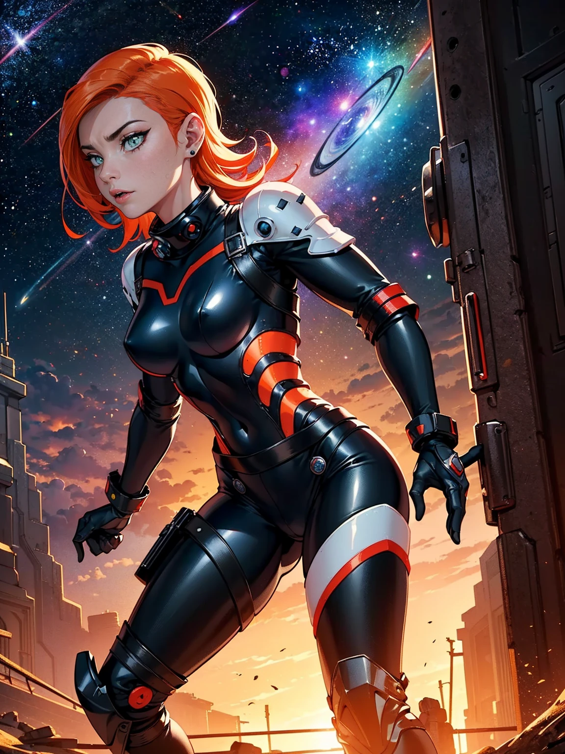 ((1girl, solo, alone, galaxy, gwendolyn_tennyson, smug, shaved side hair, orange hair, medium breasts, wide hips, malicious)), ((pink lipstick, Extremely detailed, ambient soft lighting, 4k, perfect eyes, a perfect face, perfect lighting, a 1girl)) austere, ((((Space Detective, woman, (female exoskeleton), (red and black combat suit, fighting pose), wasteland, action scene, action pose, masterpiece, rich colors, Backlight, beautiful expression, fantasy art, character art, metallic red and silver combat suit)), wet body, ((fitness)), standing, Beautiful))
