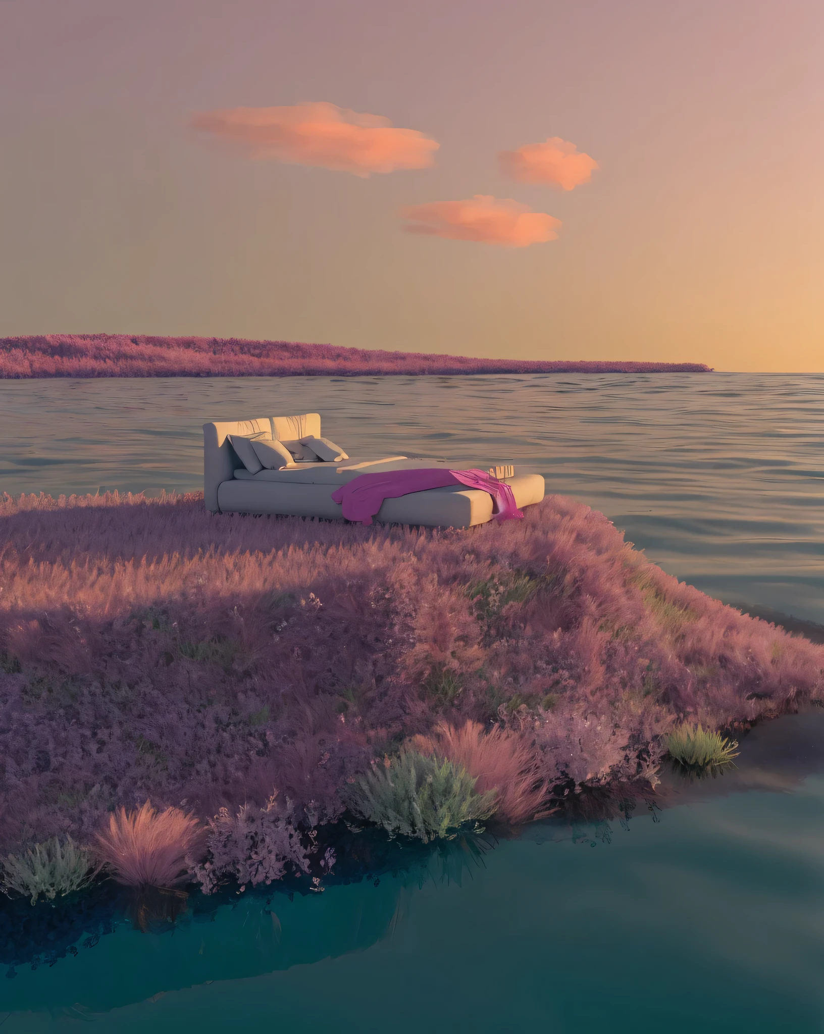 there is a boat that is sitting on a small island, in the art style of filip hodas, pink landscape, soft 3d render, inspired by Filip Hodas, surreal 3 d render, in a surreal dream landscape, relaxing concept art, in style of 3d render, beautiful render of a landscape, soothing and cozy landscape, inspired by Henri Biva