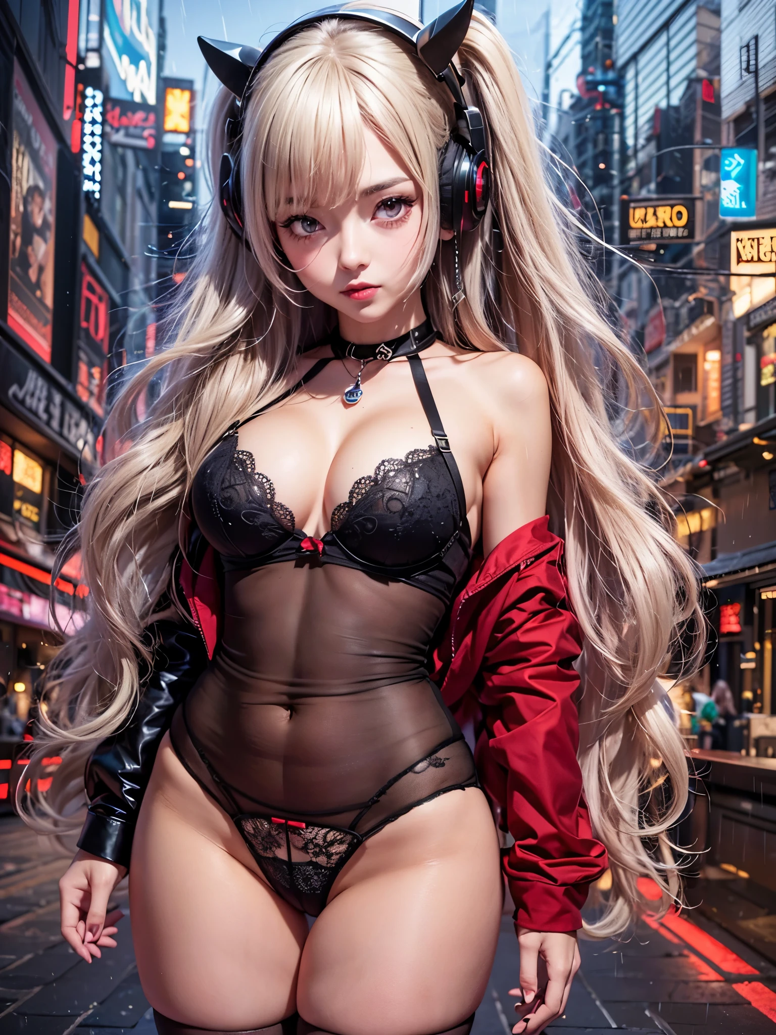 (super flat, flat shading, flat color:1.1)、(1 girl)、soro、(glamorous:1.3)、very beautiful 20 year old cartoon girl、(high detail skin: 1.2)、Photorealistic anime girl rendering、Realistic anime 3D style、beautiful platinum blonde hair、long hair、crossed bangs、asymmetrical bangs、stick out ears、eyelashes、red eyes、(orgasm face:1.2)、Attractive、(natural and very big breasts)、(perfect anatomy:1.3)、((black jacket、Wearing red fancy underwear and detailed panties、supple and thin fabric、black mini skirt、metal accessories、))、decorative choker、hands behind the back、(sophisticated headphones)、Body shiny with oil、(detailed bra、black hort boots)、(lewd girl:1.3)、A big city where you can see the sunset at 6 p.m.、red sunset clouds、it's raining、my body gets wet from the rain、Decadent and futuristic urban area in the evening、(cyber punk)、(futuristic car、flashing red light)、volume lighting、soft light、bright、Bright colors、watercolor painting、