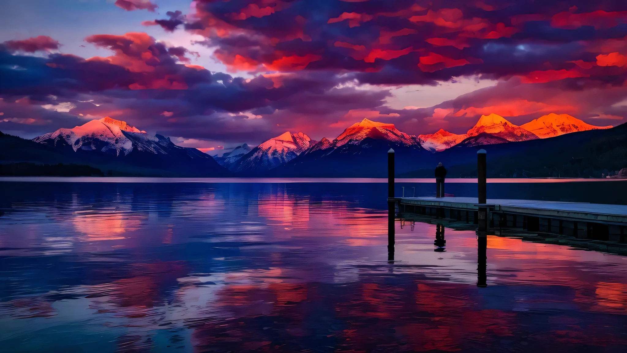 mountains are in the distance with a dock in the foreground, mountains and colorful sunset!!, colorful sunset, breathtaking colors, vibrant sunset, vibrant sunrise, magnificent background, colorful glow, stunning sunset, spectacular sunset, glowing reflections, colors reflecting on lake, beautiful wallpaper, beautiful sunset glow, warm beautiful scene, very beautiful scenery, sunrise colors, epic sunset, scenery wallpaper