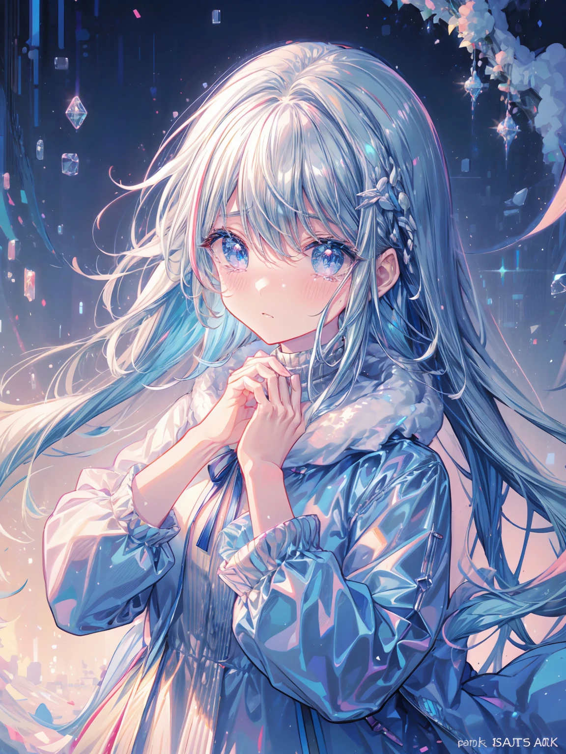BREAK (masterpiece, best quality), (ultra-detailed 8K), (perfect design), absurdres, highres, ((blush)), (super fine illustration), ((light blue long hair))), 10 years old, long hair ((blush)), masterpiece, best quality, (amazing, beautiful detailed eyes, blunt bangs), wearing dress, soft anime illustration, pixiv, cute anime girl, (anime girl), cute anime, digital art on pixiv, anime illustration, kawaii reality portrait, cute anime girl portrait, clean detailed anime art, cute anime girl portrait, splash art anime
(masterpiece), (portrait), (aesthetic), (beautiful), (upper blody), (high quality), (aesthetic clothings), (professional angle), (rule of thirds), (Feminine), (woman), (female), (beautiful),(feminine features), solo, , (attractive Korean), Winter, (Snow), (Evening), (Soft Lighting light), ((Standing in Snow, Hands Clenched, Tear-Streaked Face)), (Clenched Hands), ((Looking Up Face)), ((Crying)), (Natural Make-up), (Wide Open Eyes), (Devastated Look), Pale skin, (- Clothing), (Coat), (Scarf), (Skirt ), (Turtleneck Neckline), ((Winter Setting background)), (Full Shot Shot), beautiful hands,complete hands, beautiful body, beautiful fingers, normal fingers, five fingers, five fingers, beautiful eyes, shiny eyes,